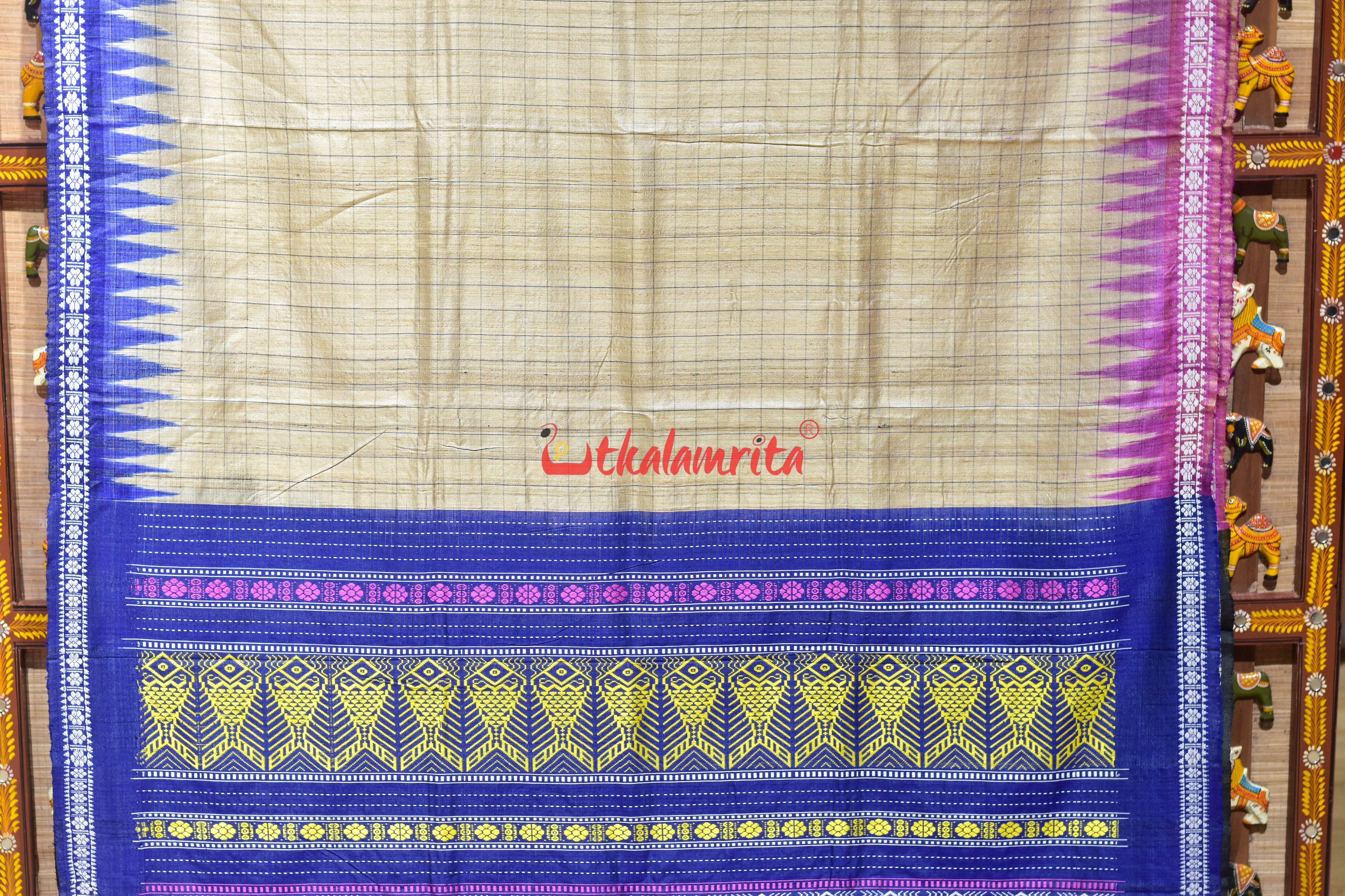 Natural Body with White Fish Jaala Pink Fish Tussar Saree