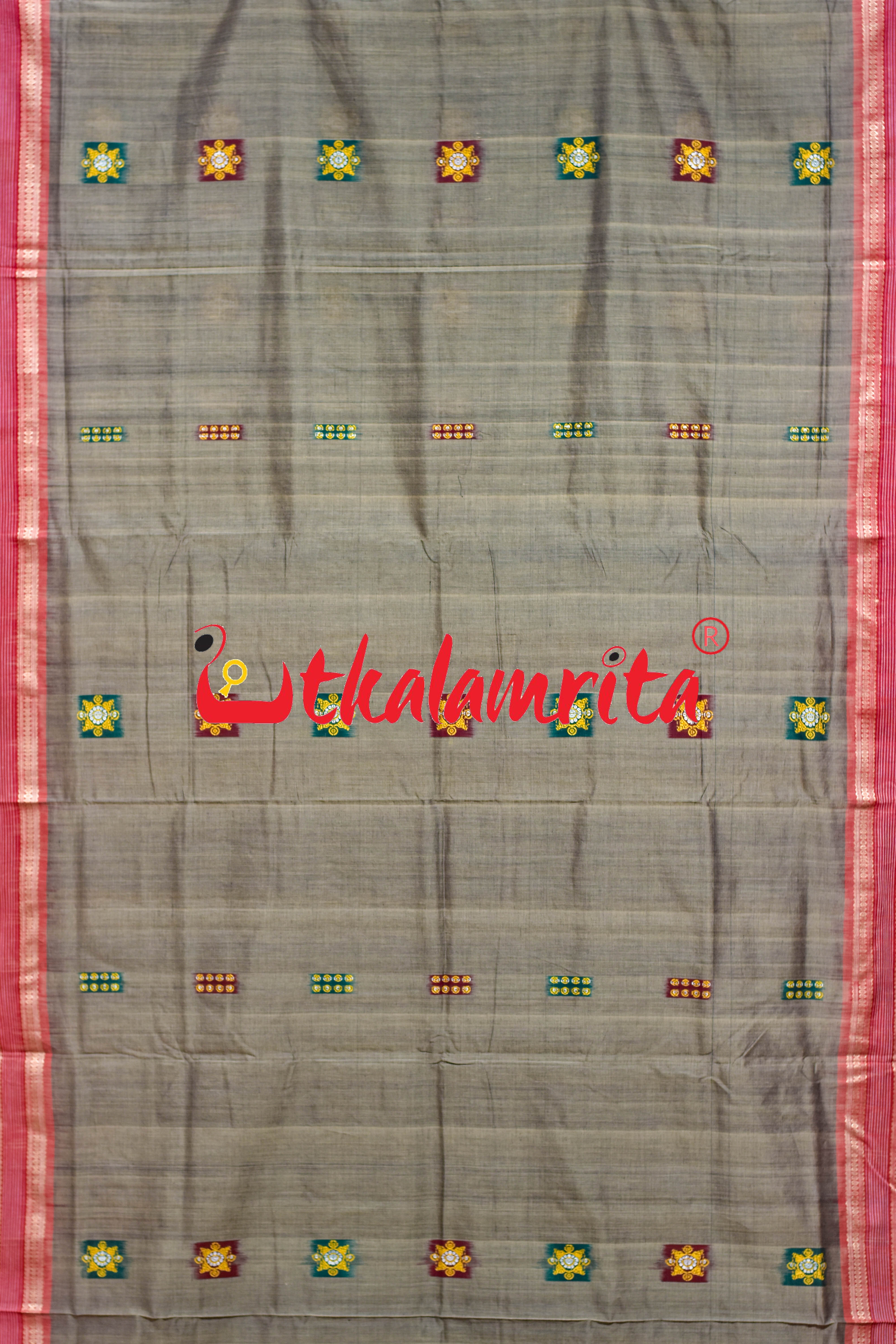 Box Bomkai Grey Red Cotton Saree