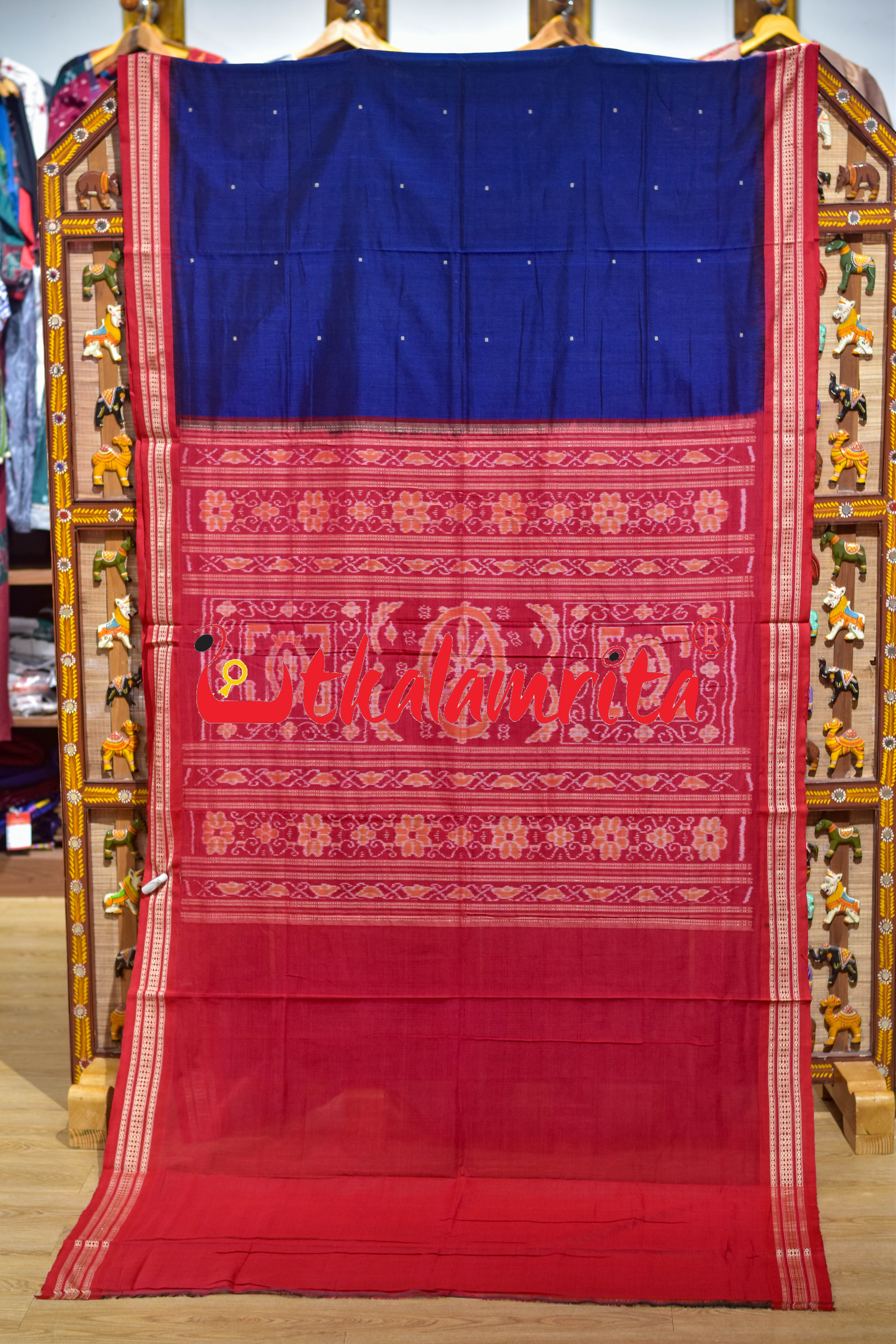 Navy Blue Red Buti Bomkai Cotton Saree