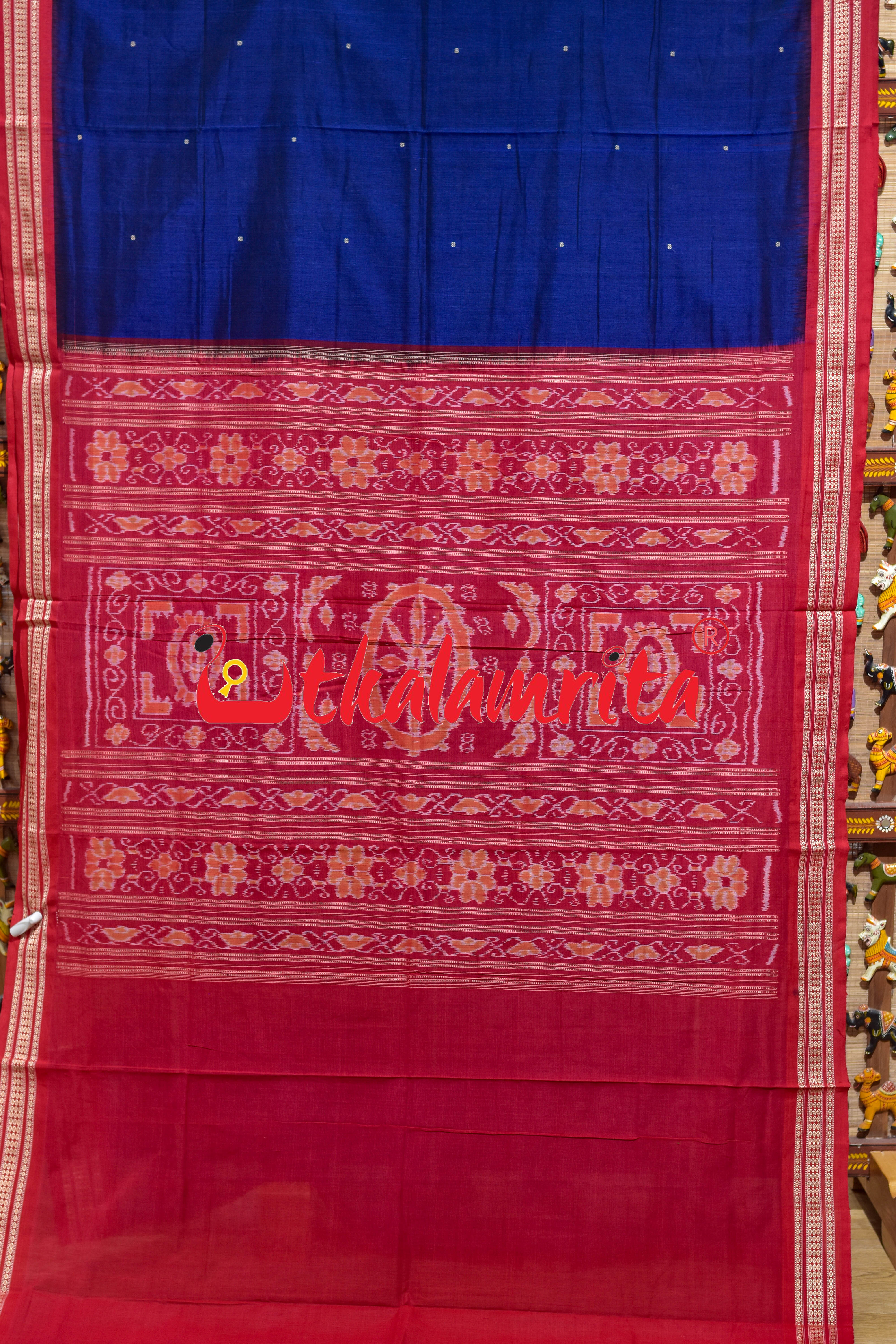 Navy Blue Red Buti Bomkai Cotton Saree