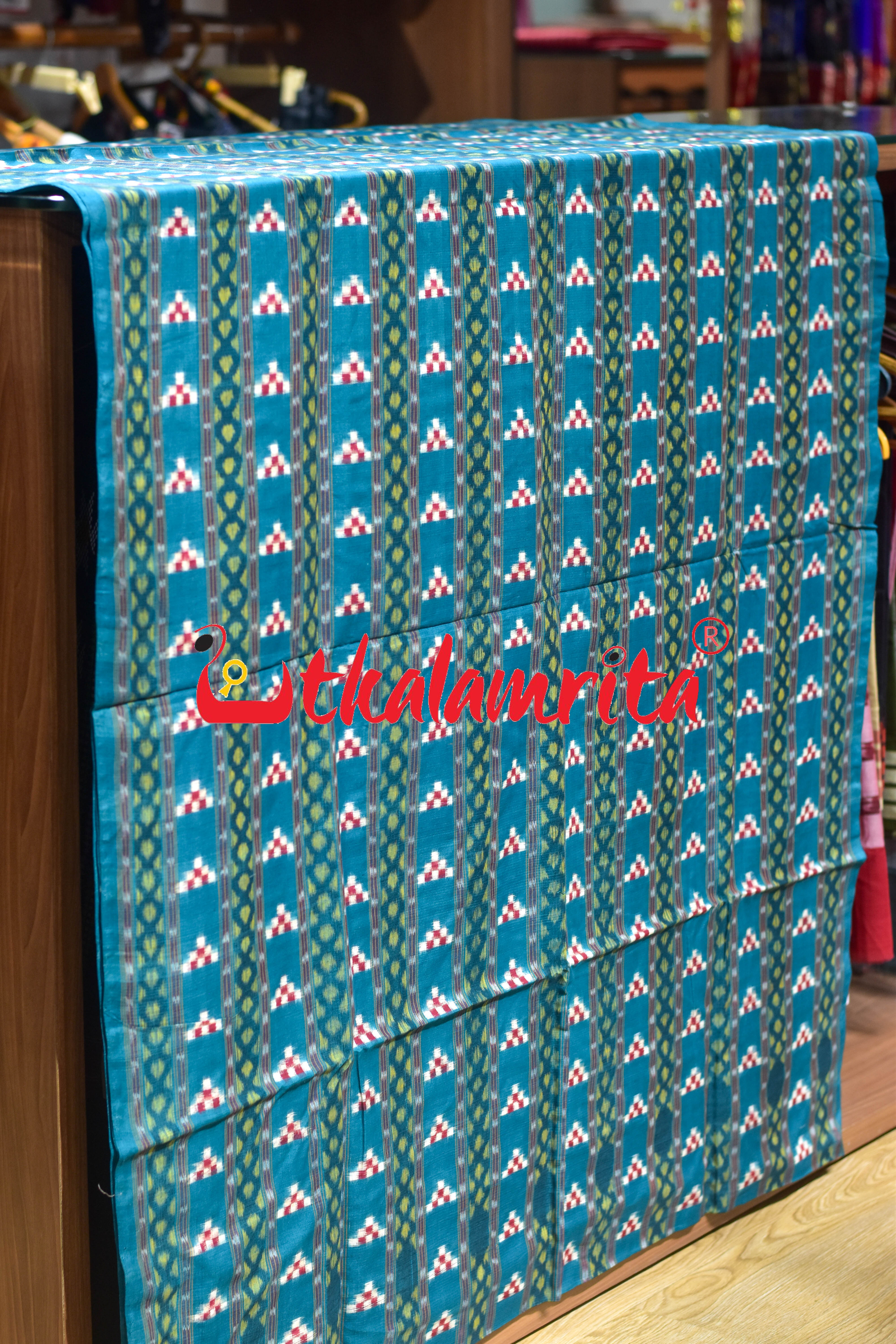 Teal Green Pasapali Lines Sambalpuri Cotton (Fabric)