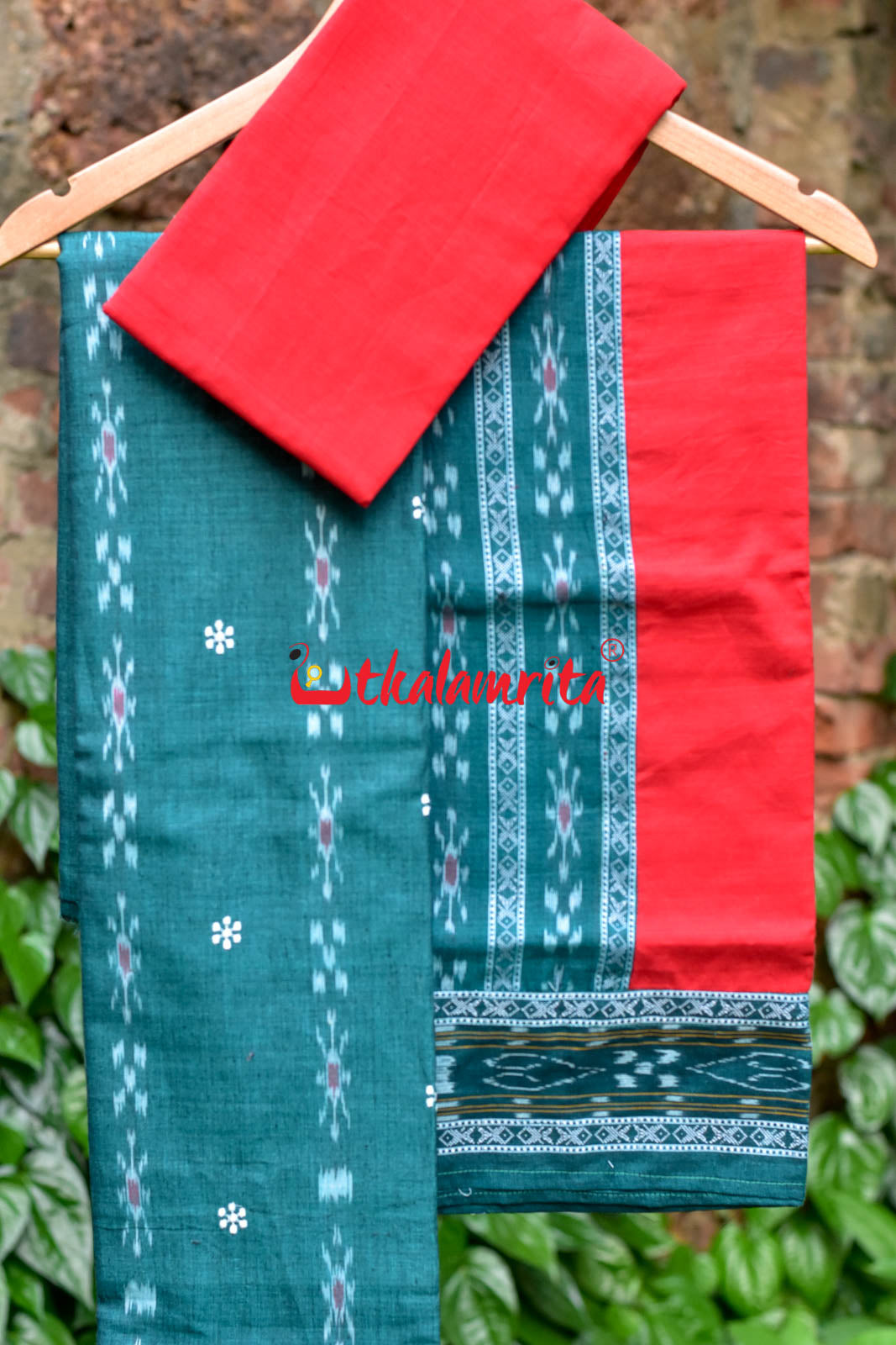 Teal With Red Simple Pasapali Flower Dress Set