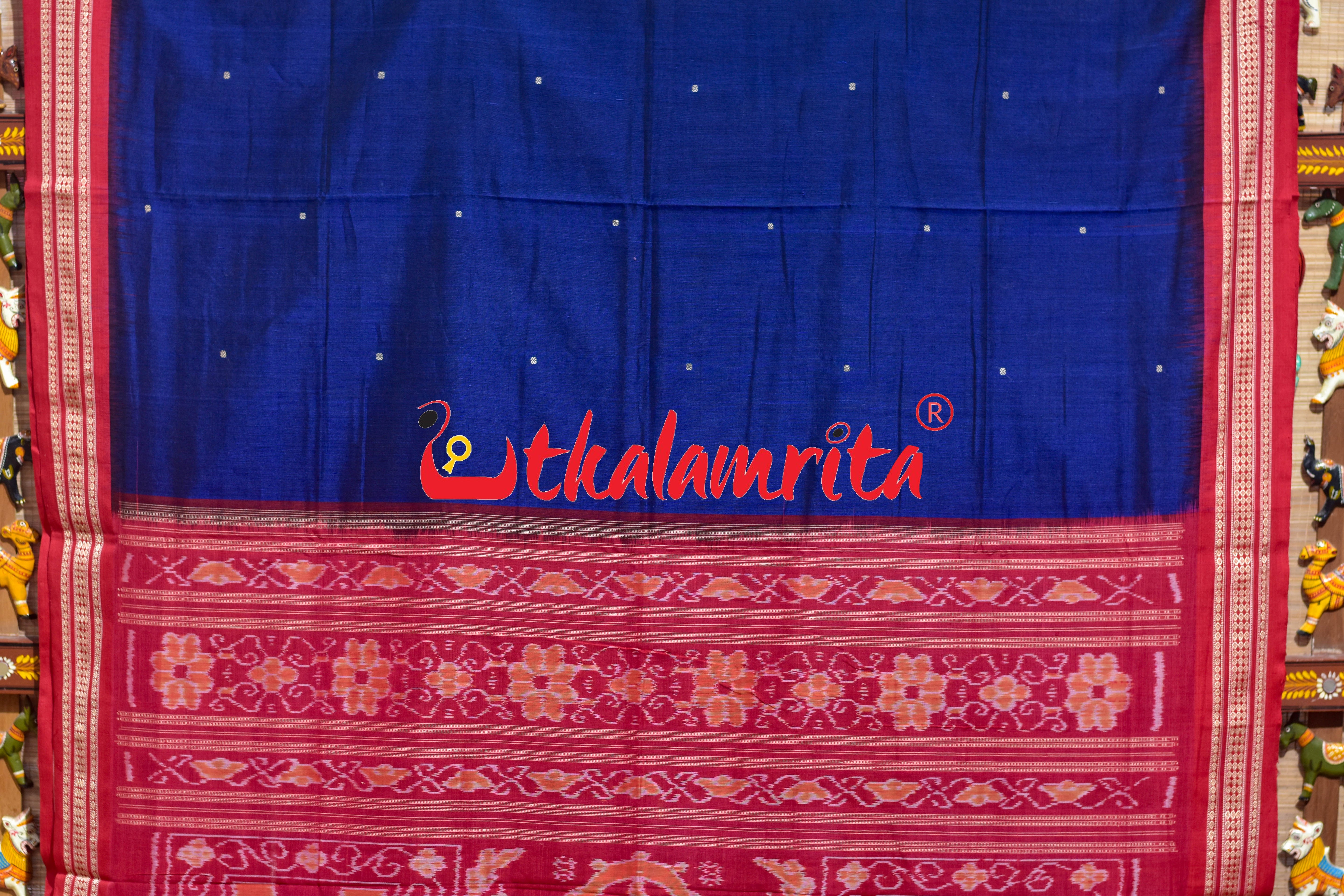 Navy Blue Red Buti Bomkai Cotton Saree