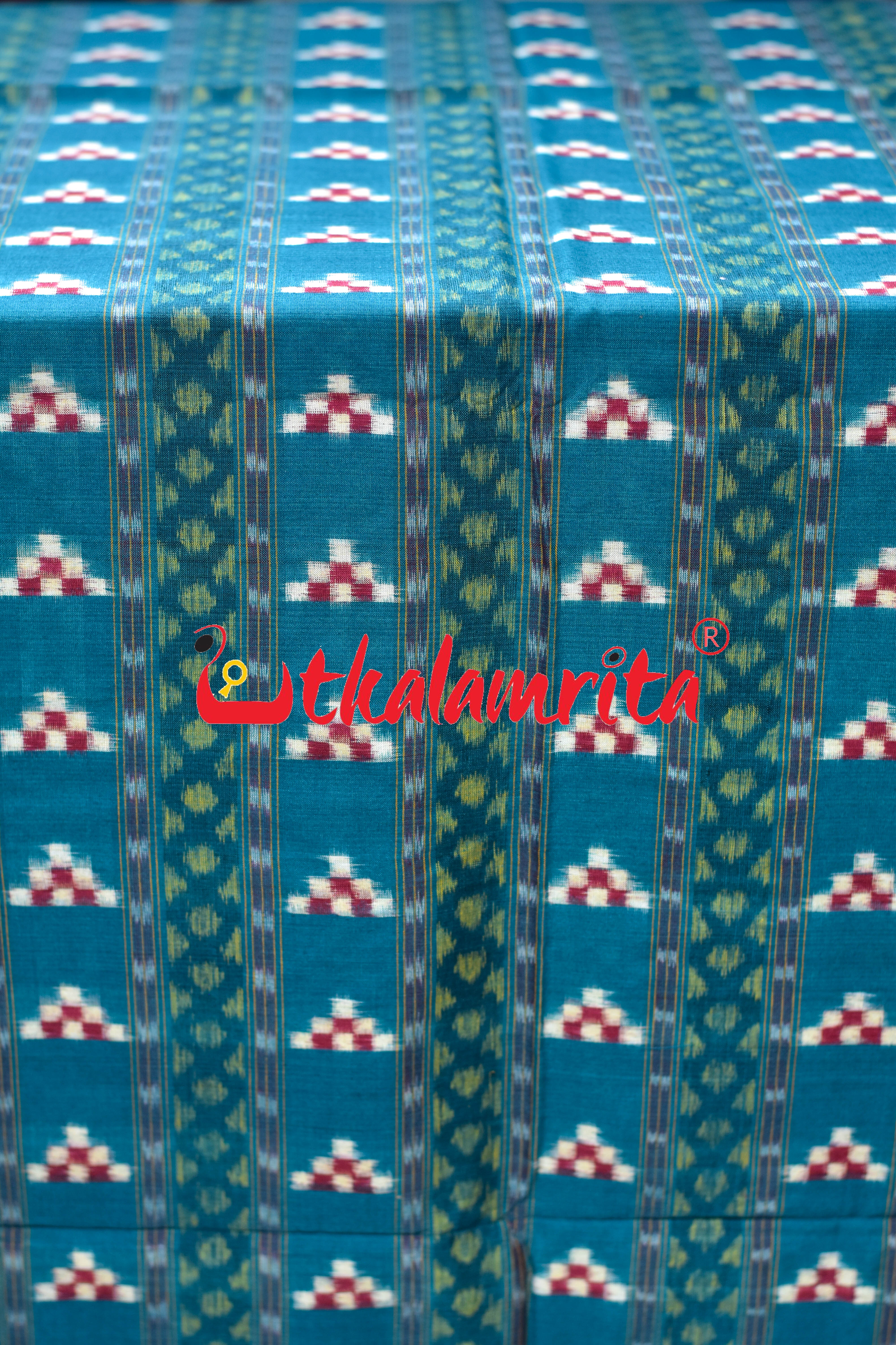 Teal Green Pasapali Lines Sambalpuri Cotton (Fabric)