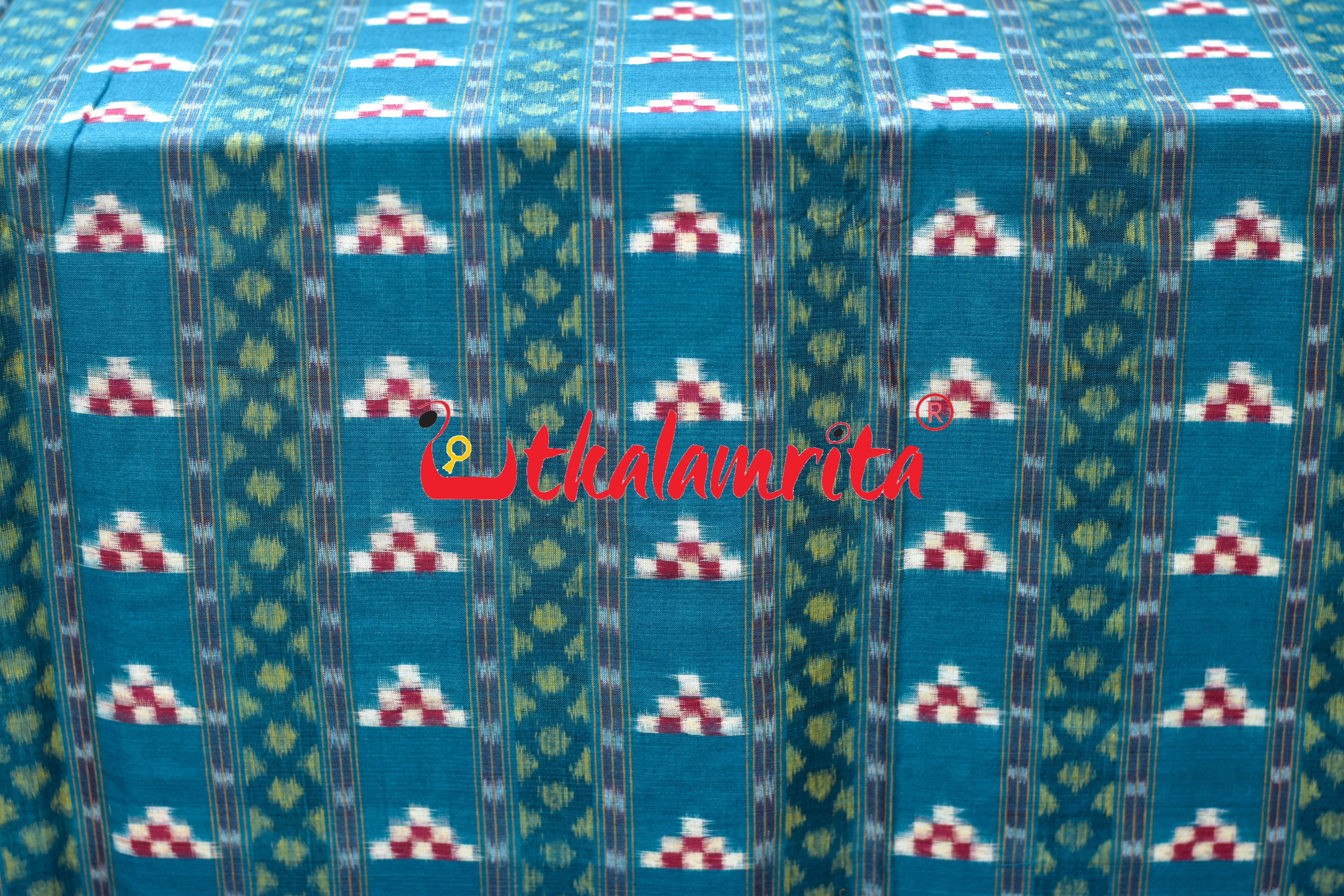 Teal Green Pasapali Lines Sambalpuri Cotton (Fabric)