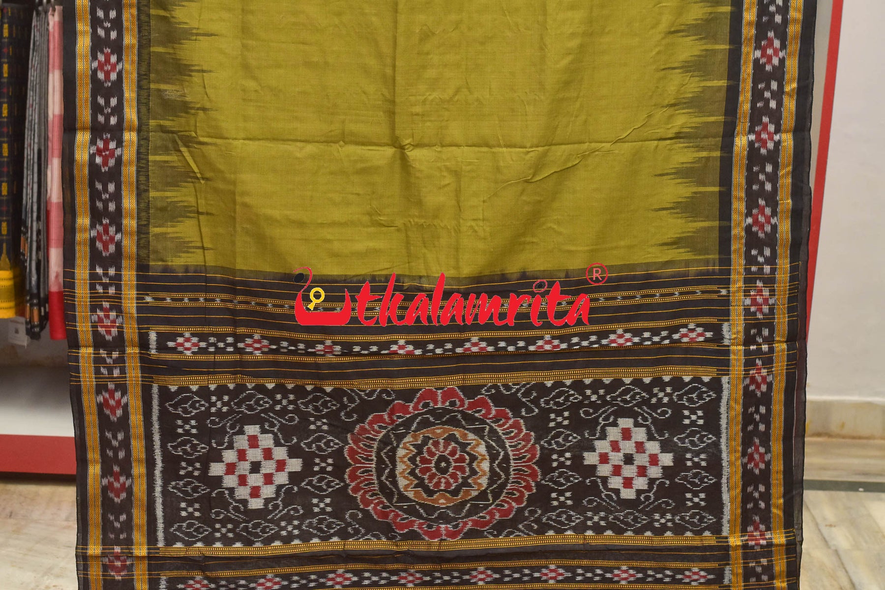 Light Olive Pasapali Border Khandua Cotton Saree