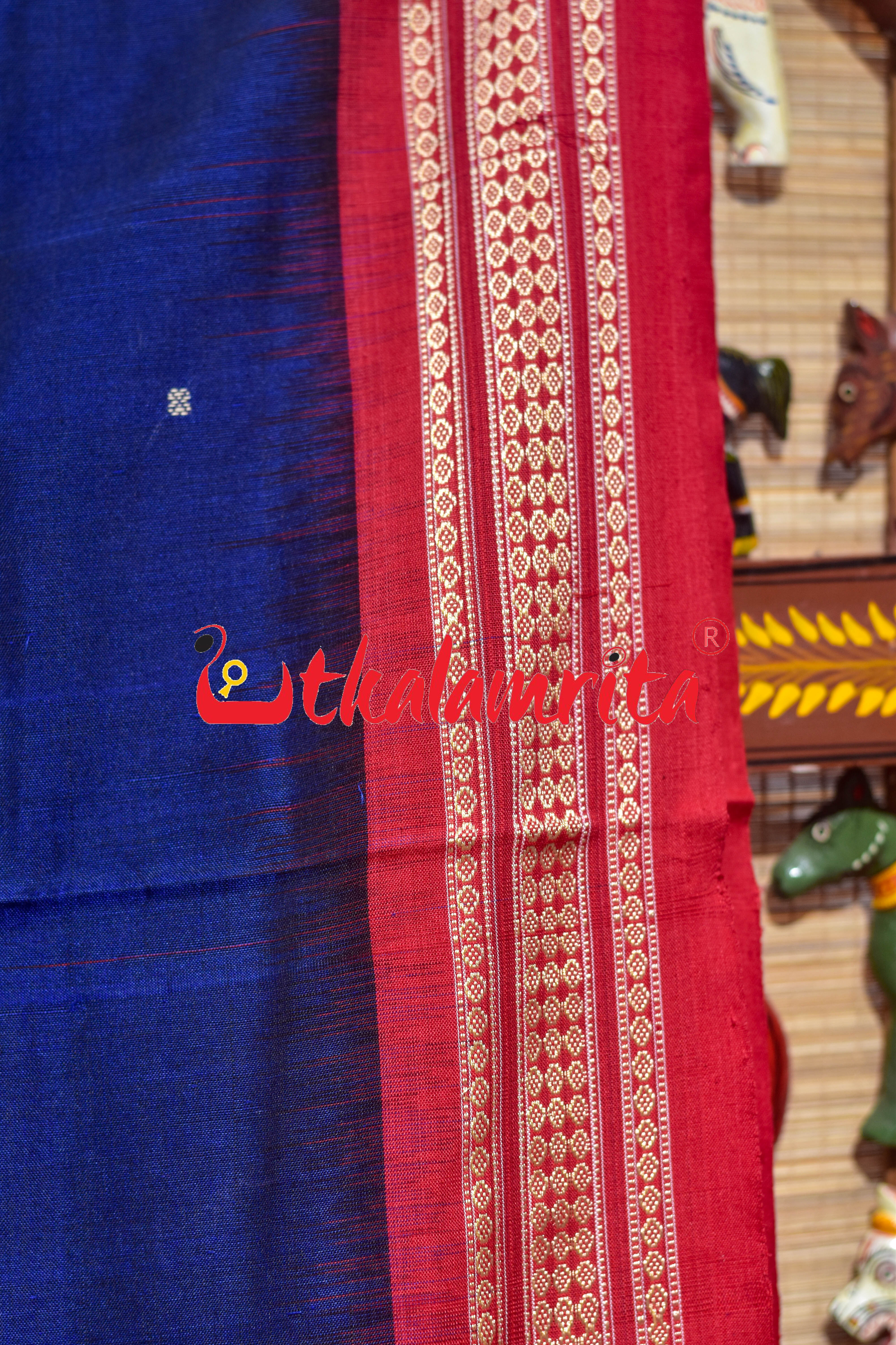 Navy Blue Red Buti Bomkai Cotton Saree