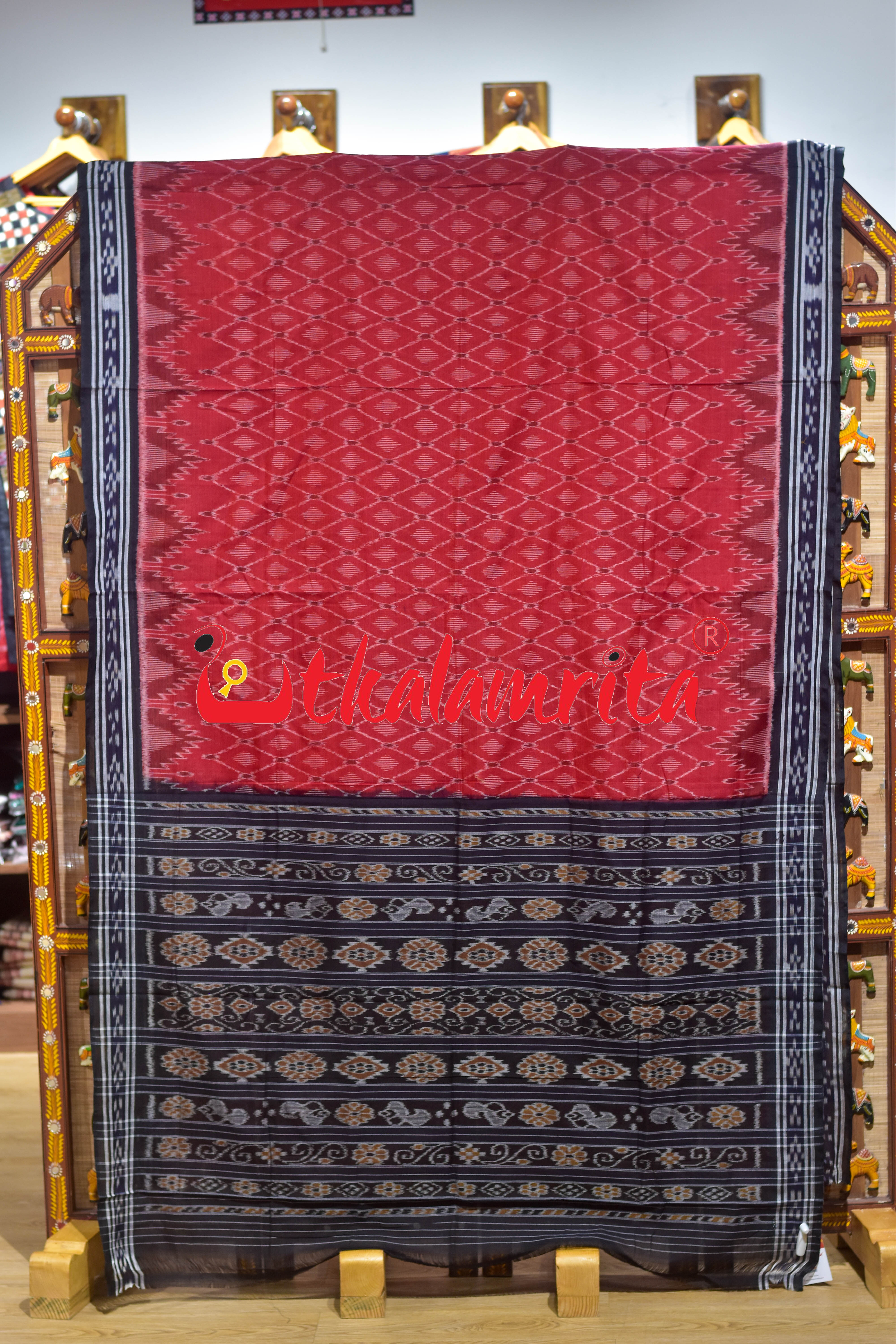 Red Black Thikiri Diamond Khandua Cotton Saree