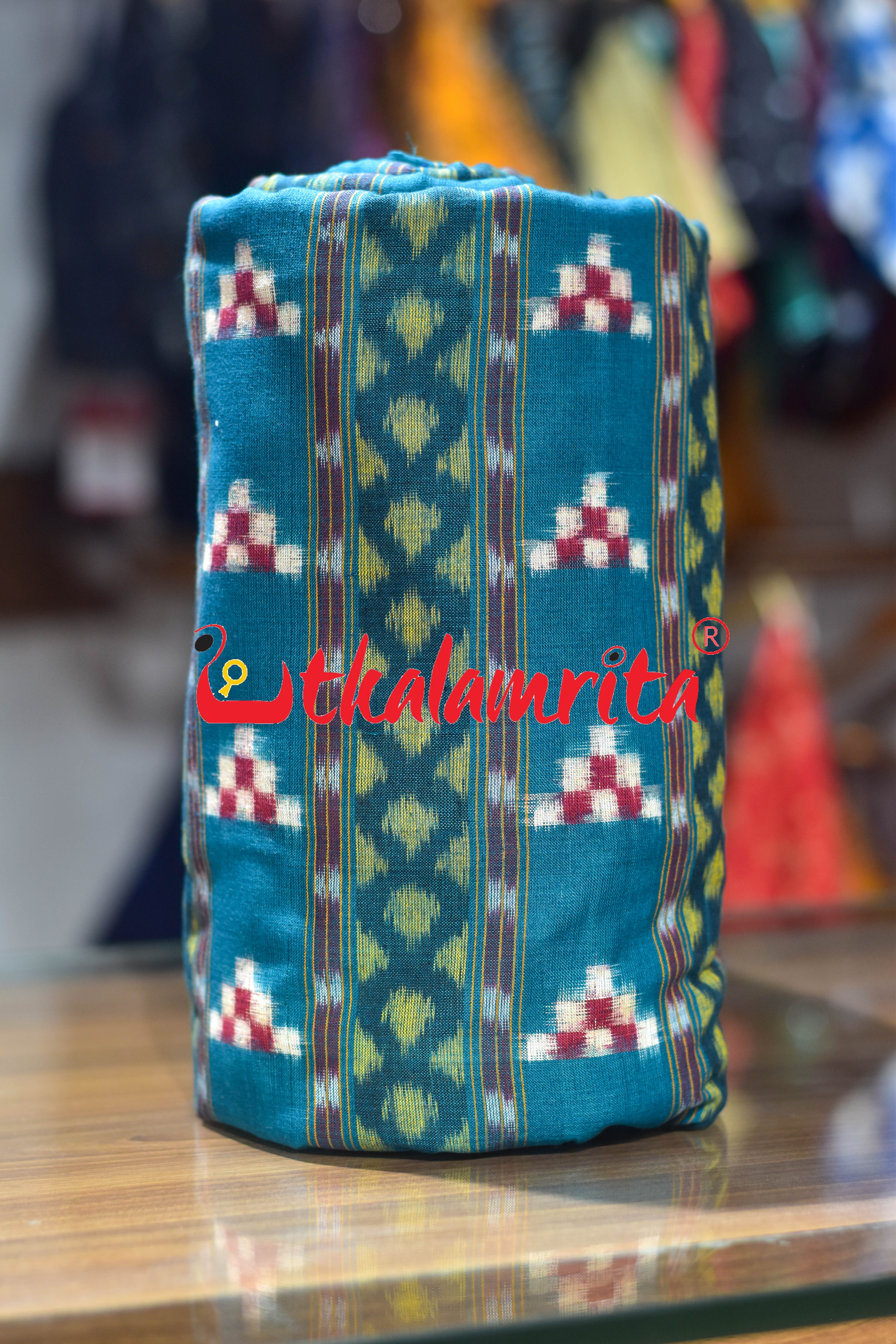 Teal Green Pasapali Lines Sambalpuri Cotton (Fabric)