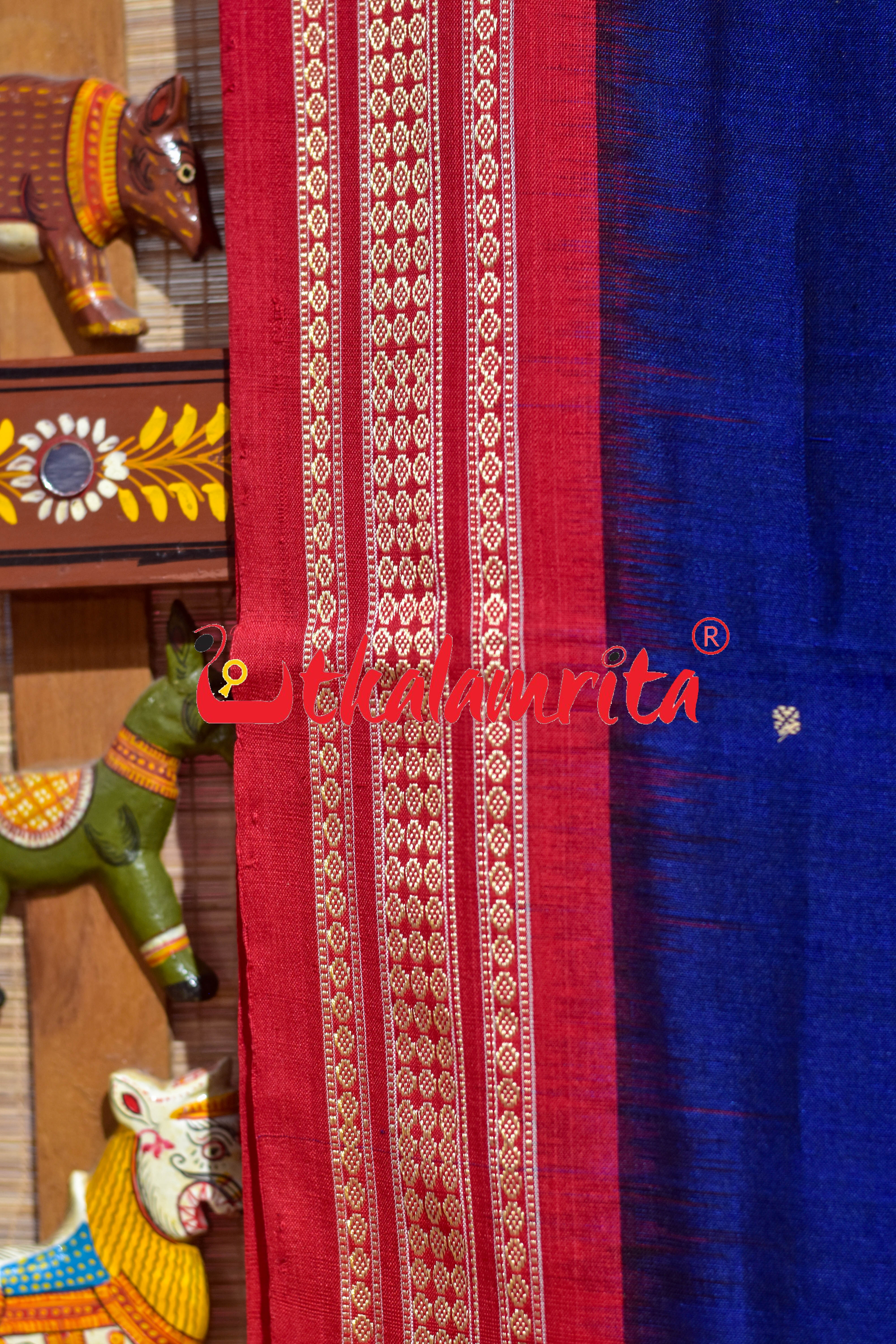 Navy Blue Red Buti Bomkai Cotton Saree