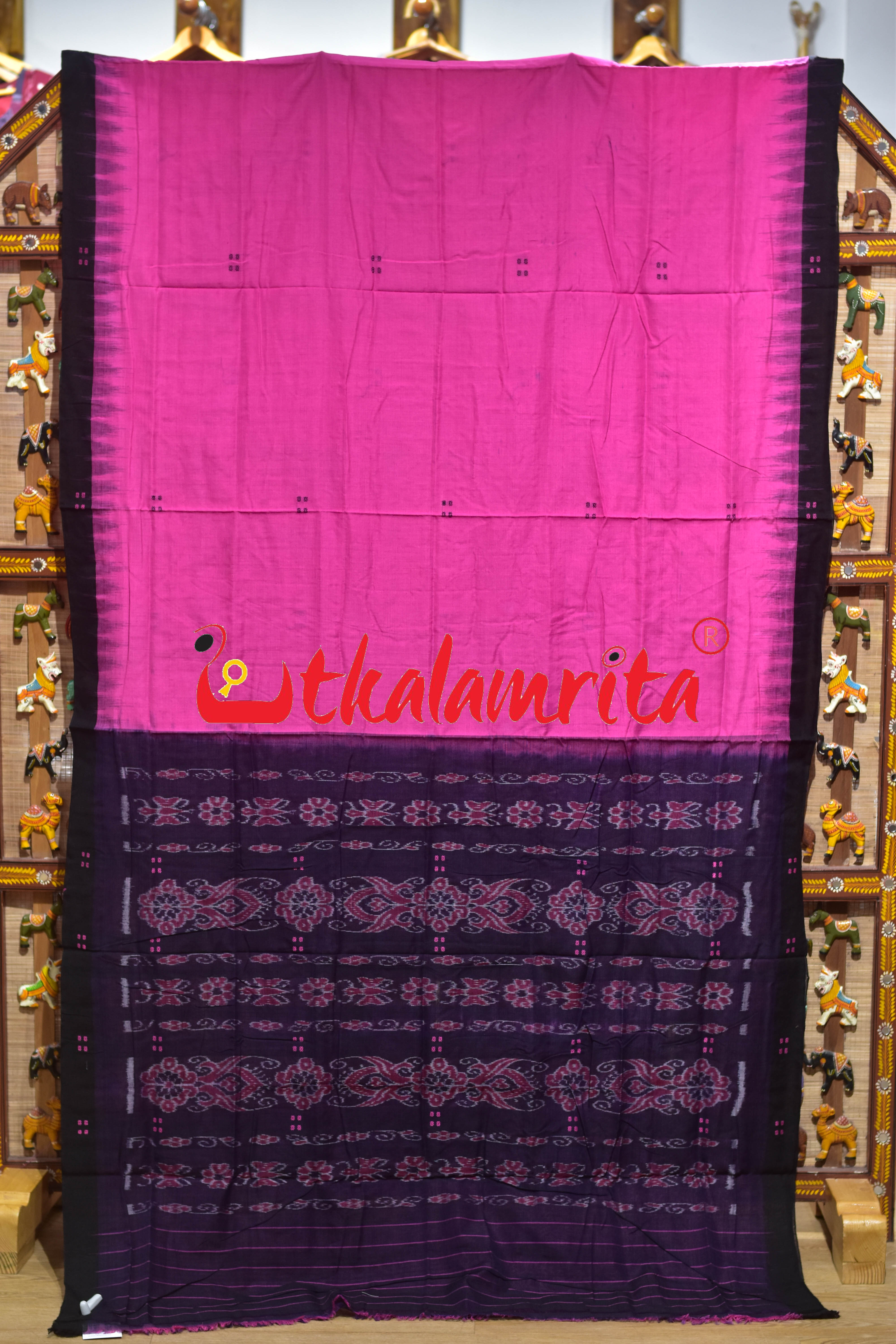 Pink Black Four Buti Khandua Cotton Saree