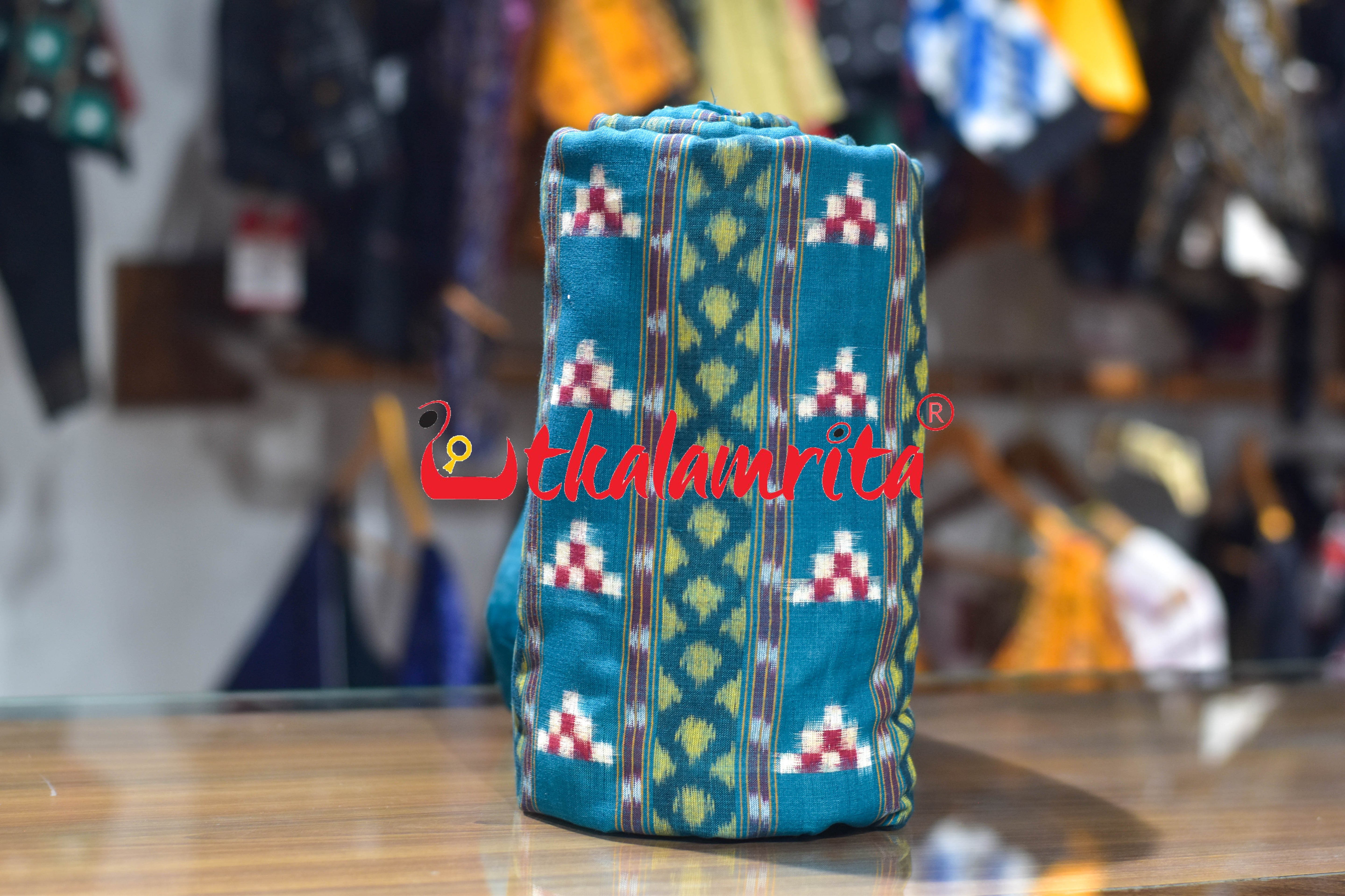 Teal Green Pasapali Lines Sambalpuri Cotton (Fabric)