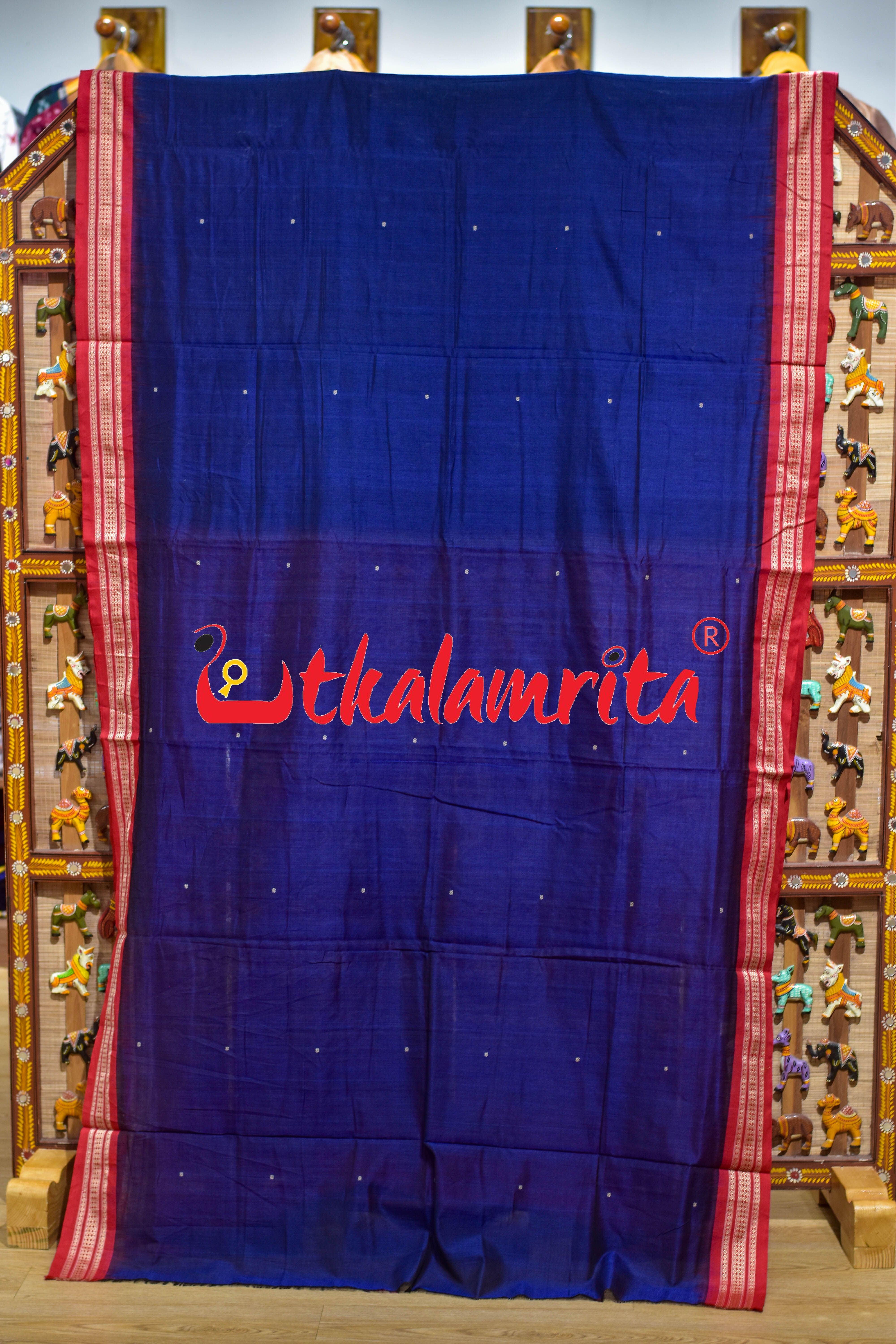 Navy Blue Red Buti Bomkai Cotton Saree