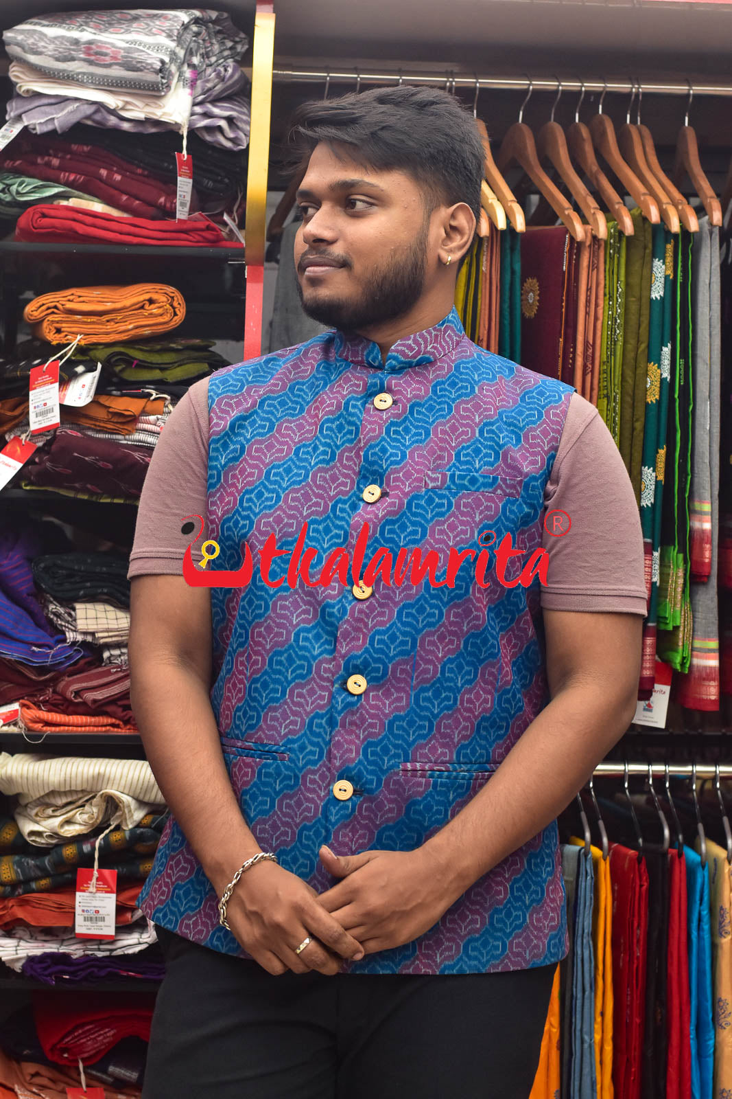 4D Blue Maroon Sambalpuri Cotton (Modi Jacket)