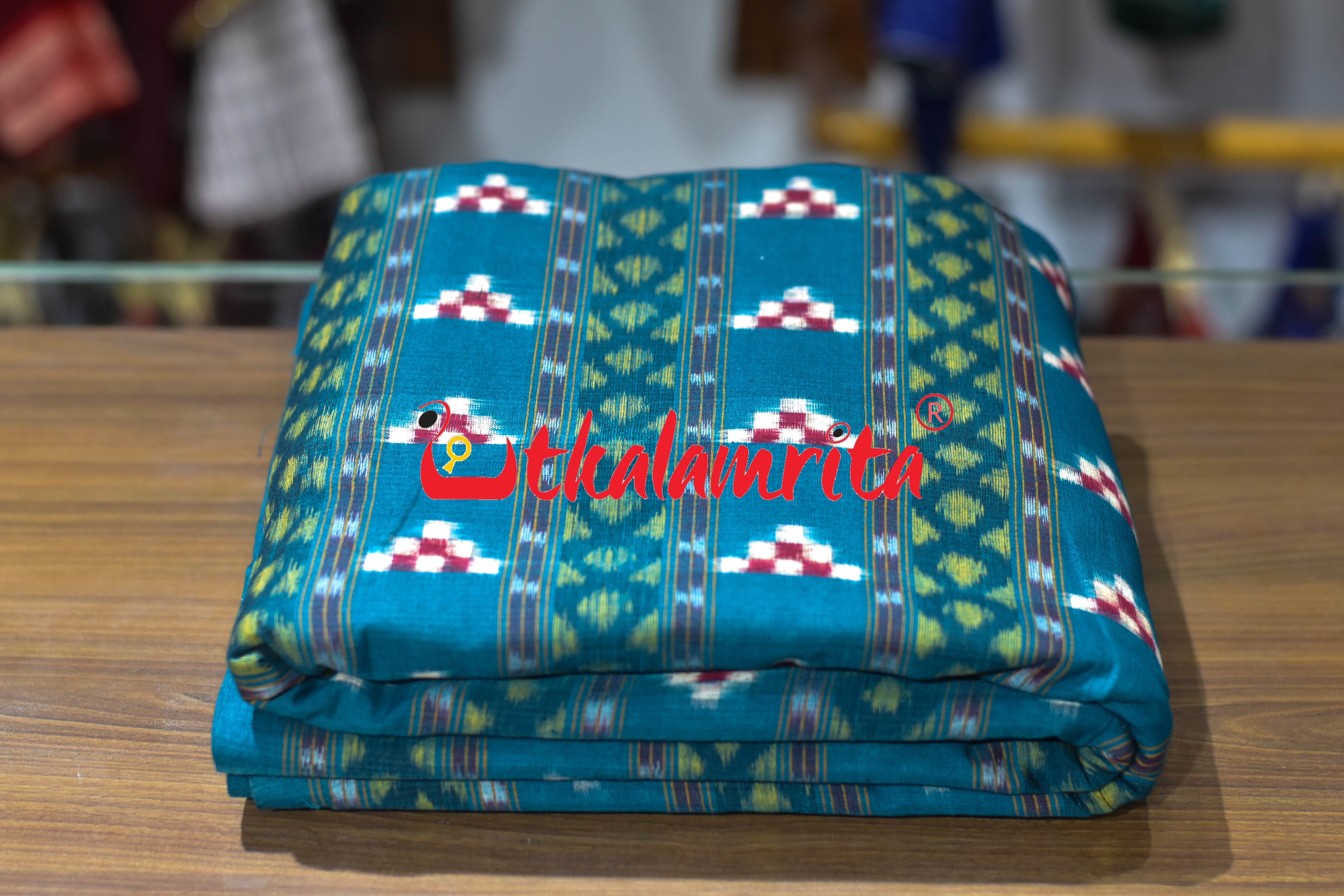 Teal Green Pasapali Lines Sambalpuri Cotton (Fabric)