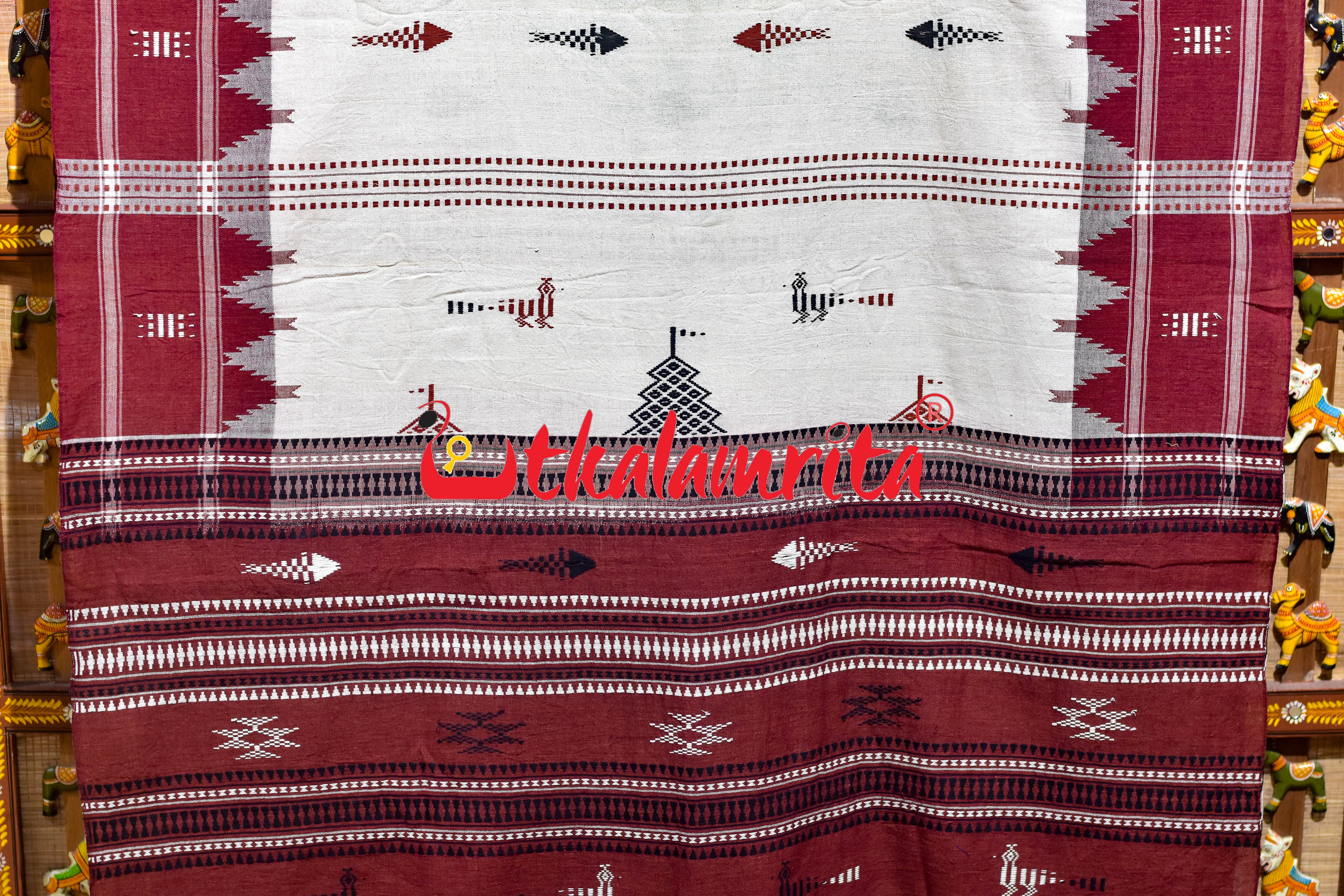 Off White Maroon Kotpad Cotton Saree