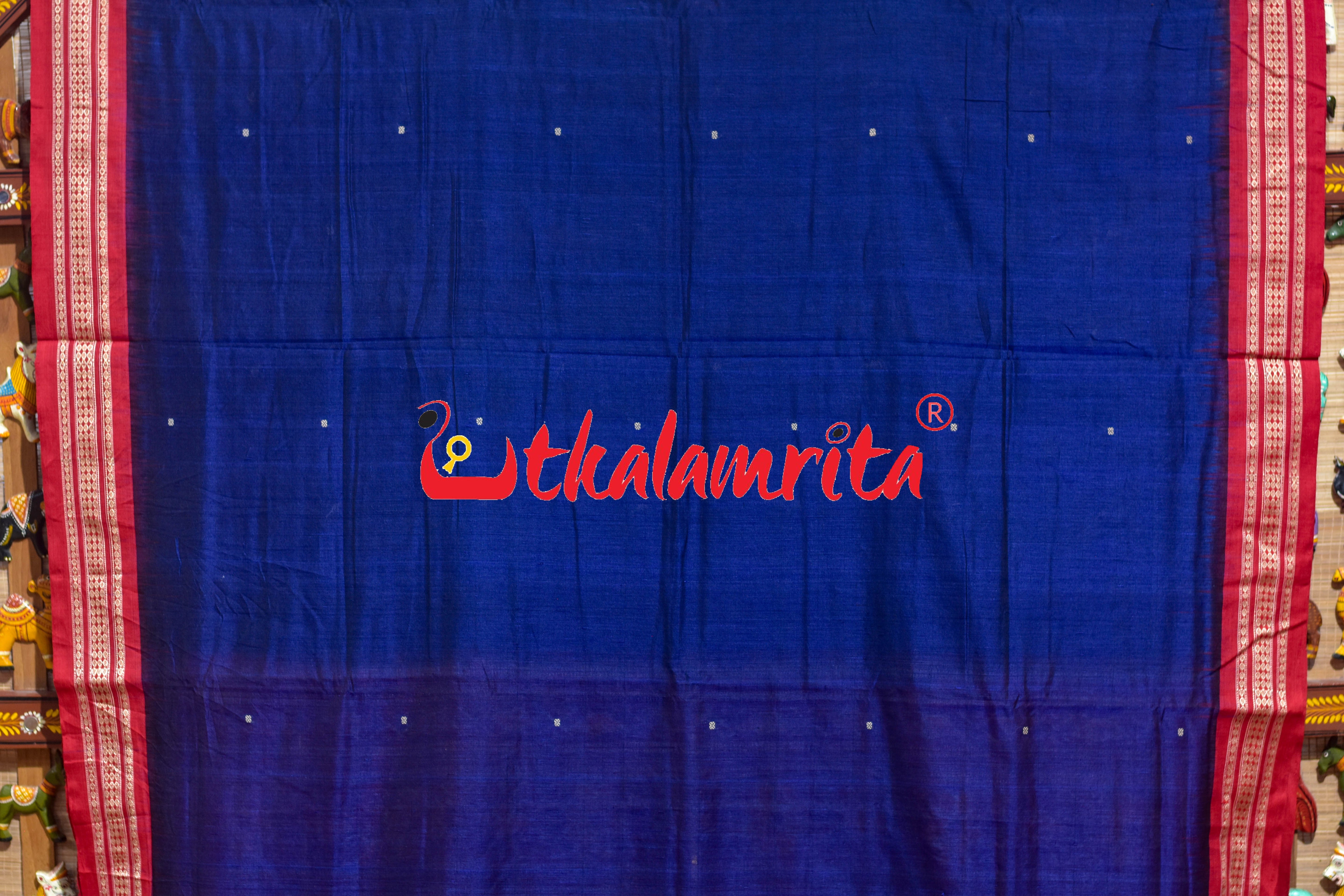 Navy Blue Red Buti Bomkai Cotton Saree