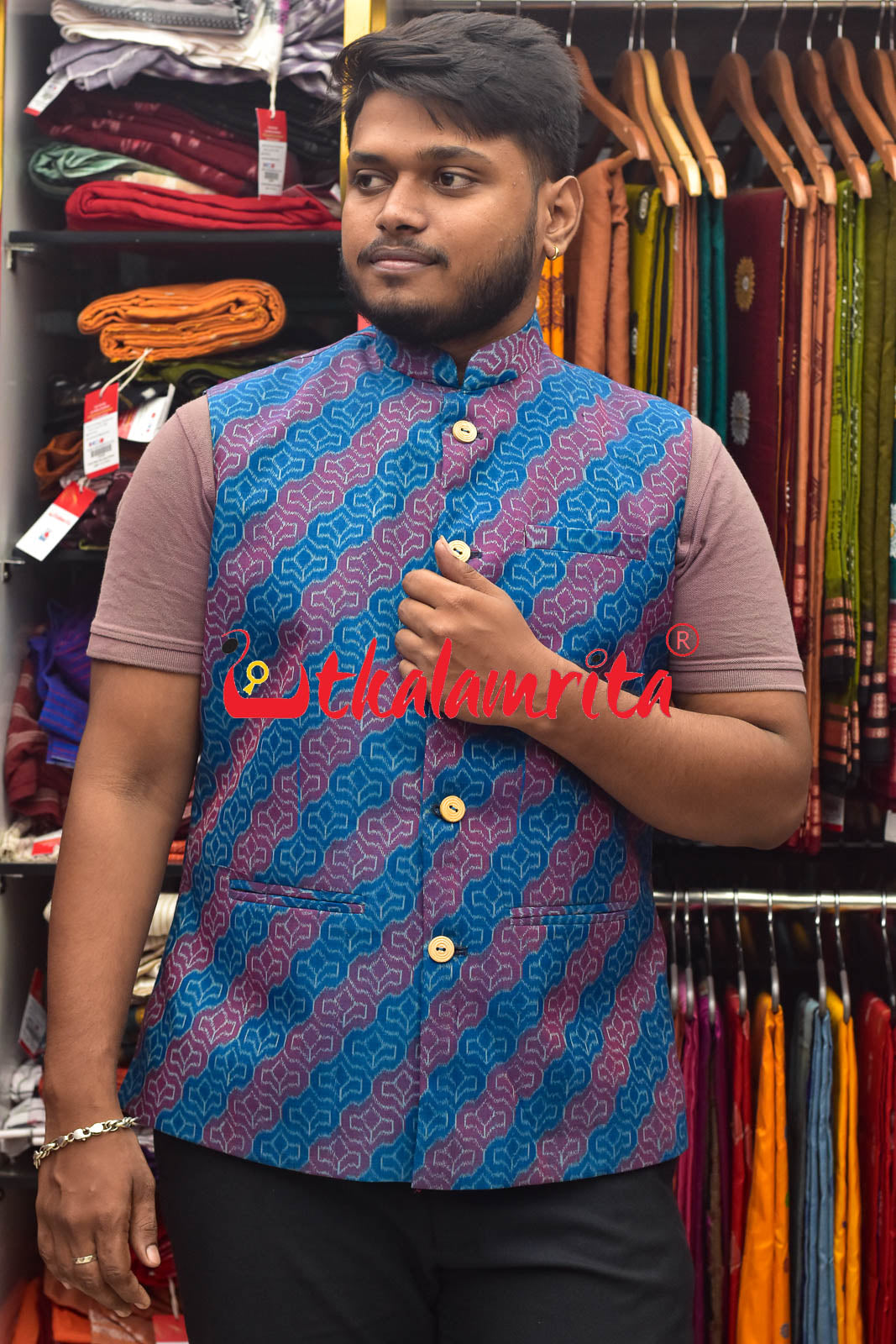 4D Blue Maroon Sambalpuri Cotton (Modi Jacket)