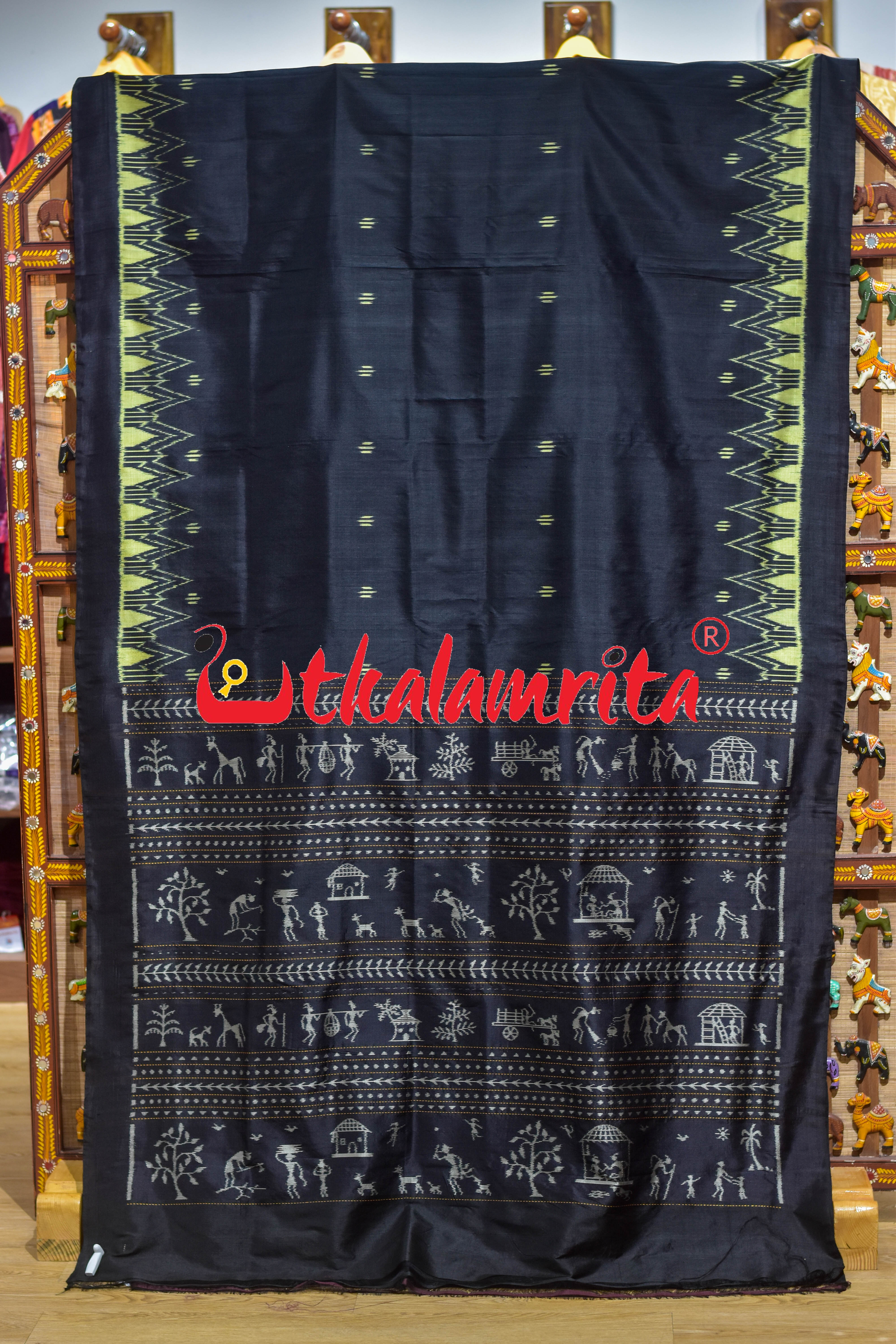 Black Lemon Temples Saura Anchal Khandua Silk Saree