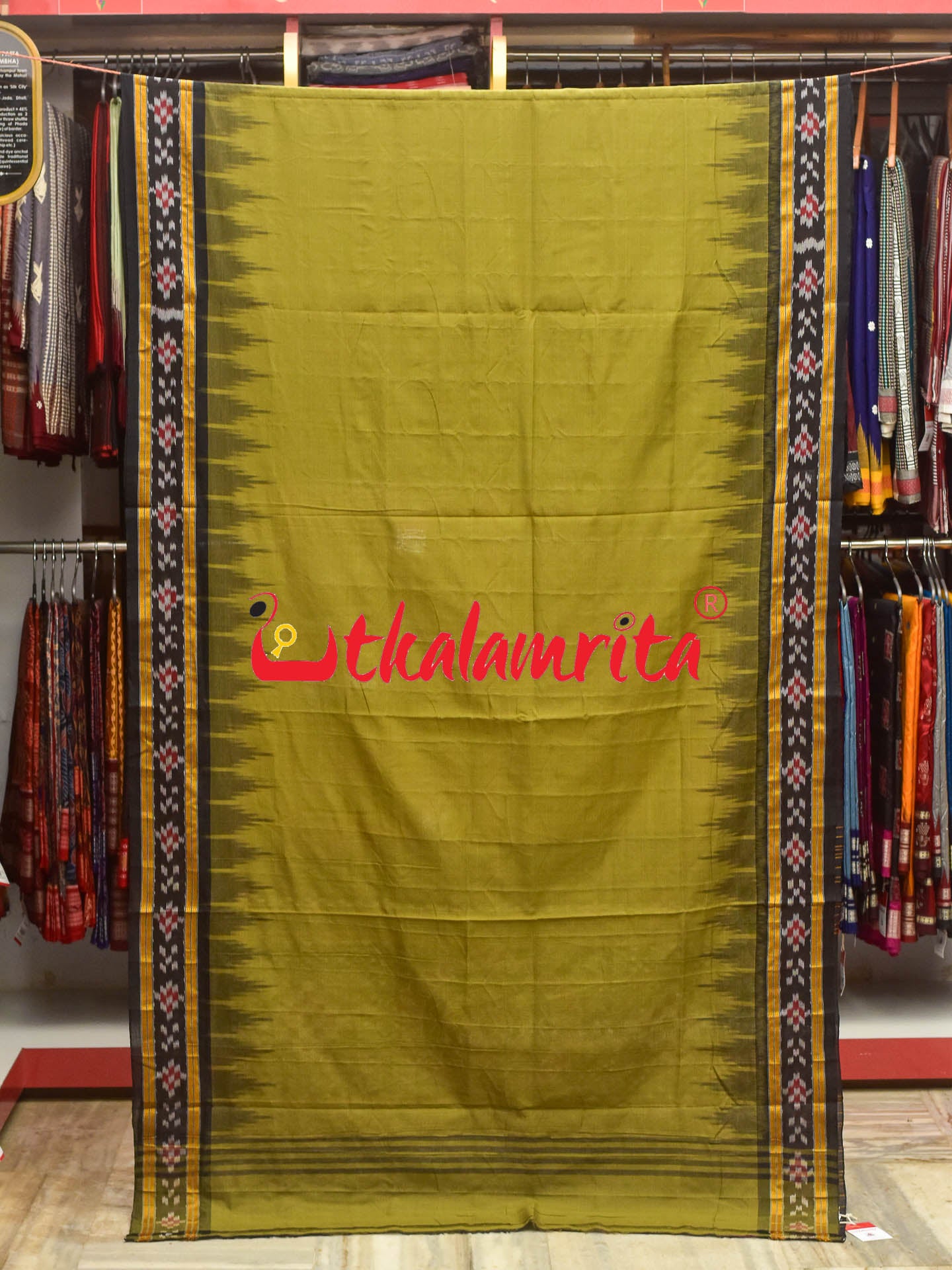 Light Olive Pasapali Border Khandua Cotton Saree