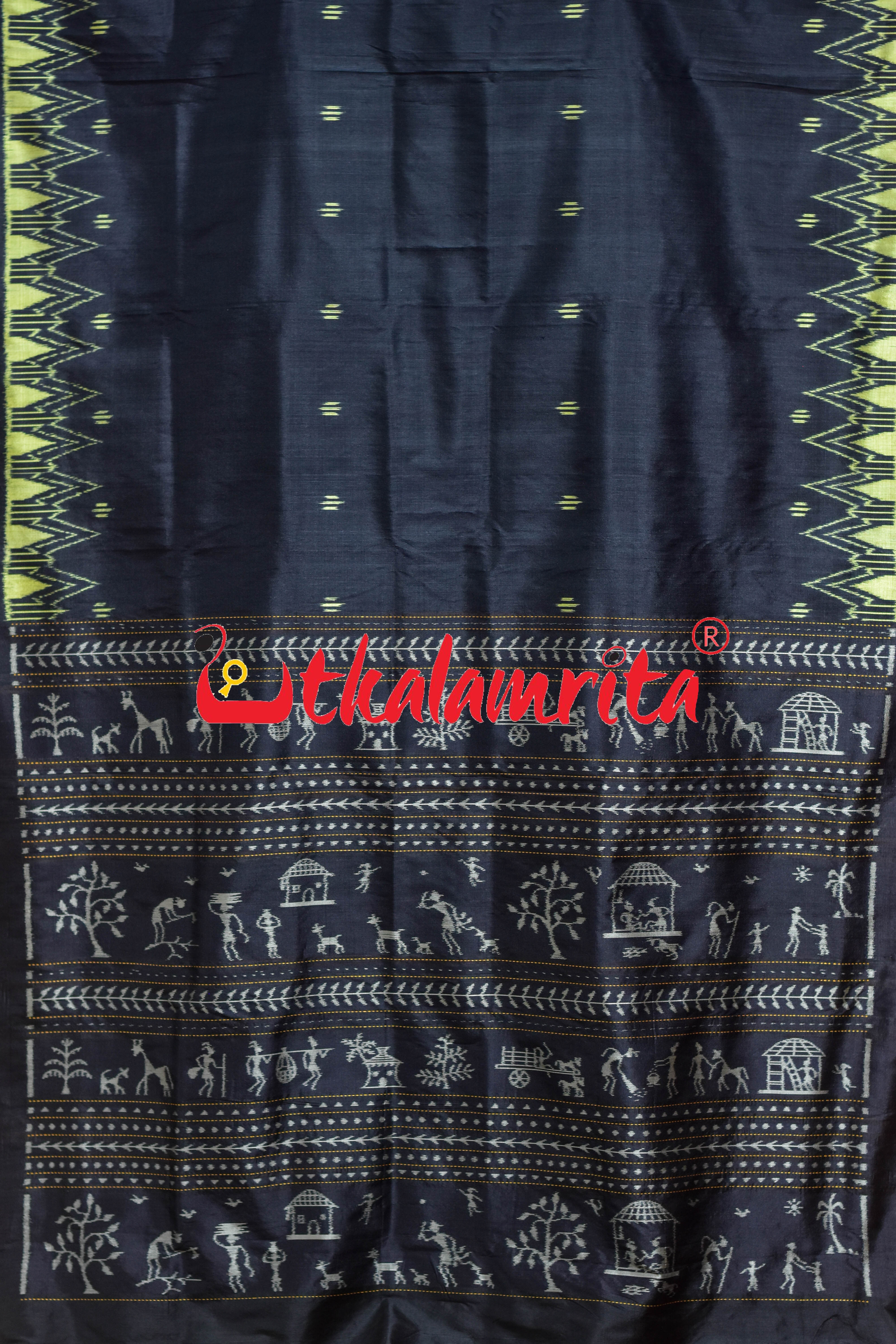 Black Lemon Temples Saura Anchal Khandua Silk Saree
