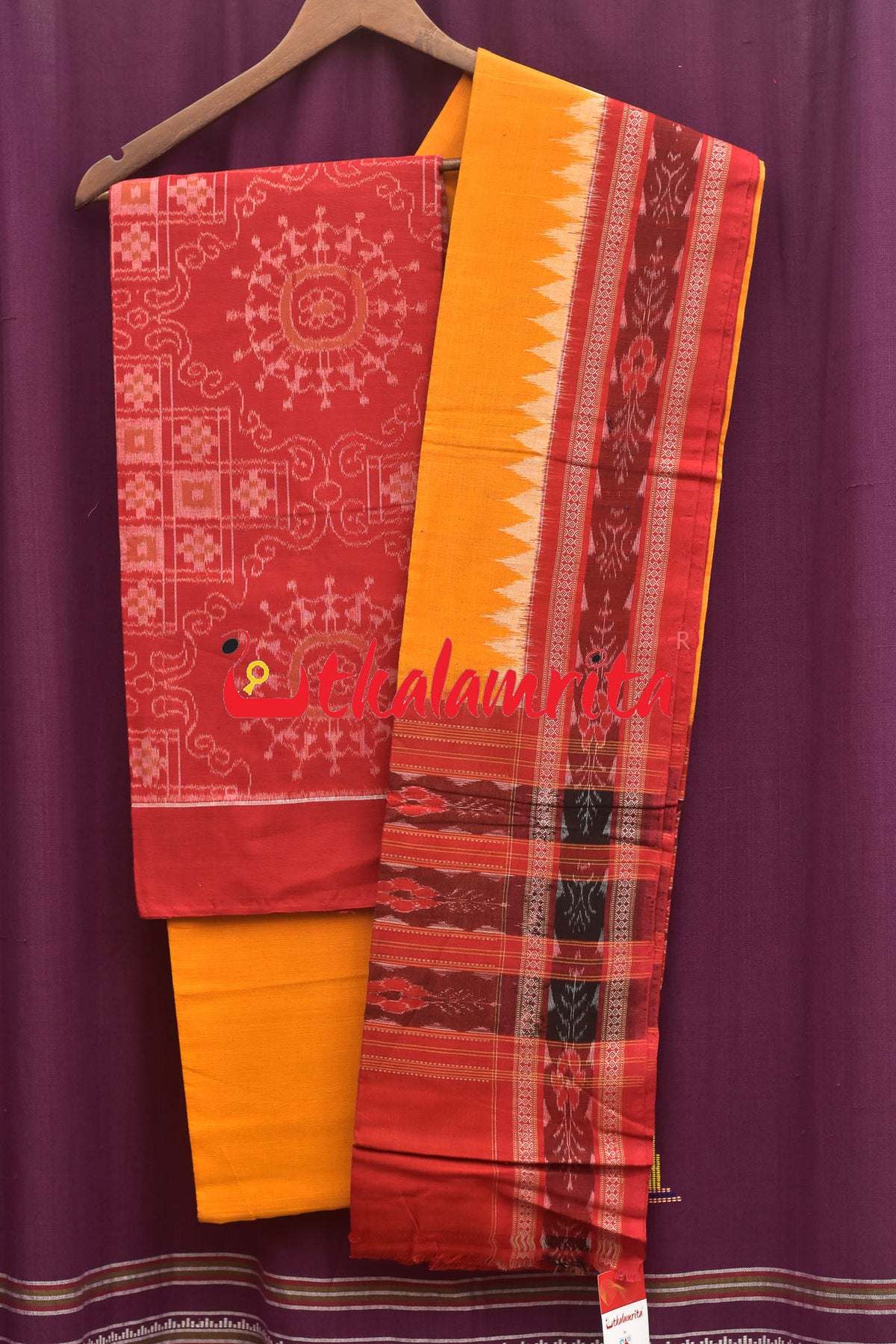 Tribal Chakra Red Yellow Sambalpuri Cotton Dress Set