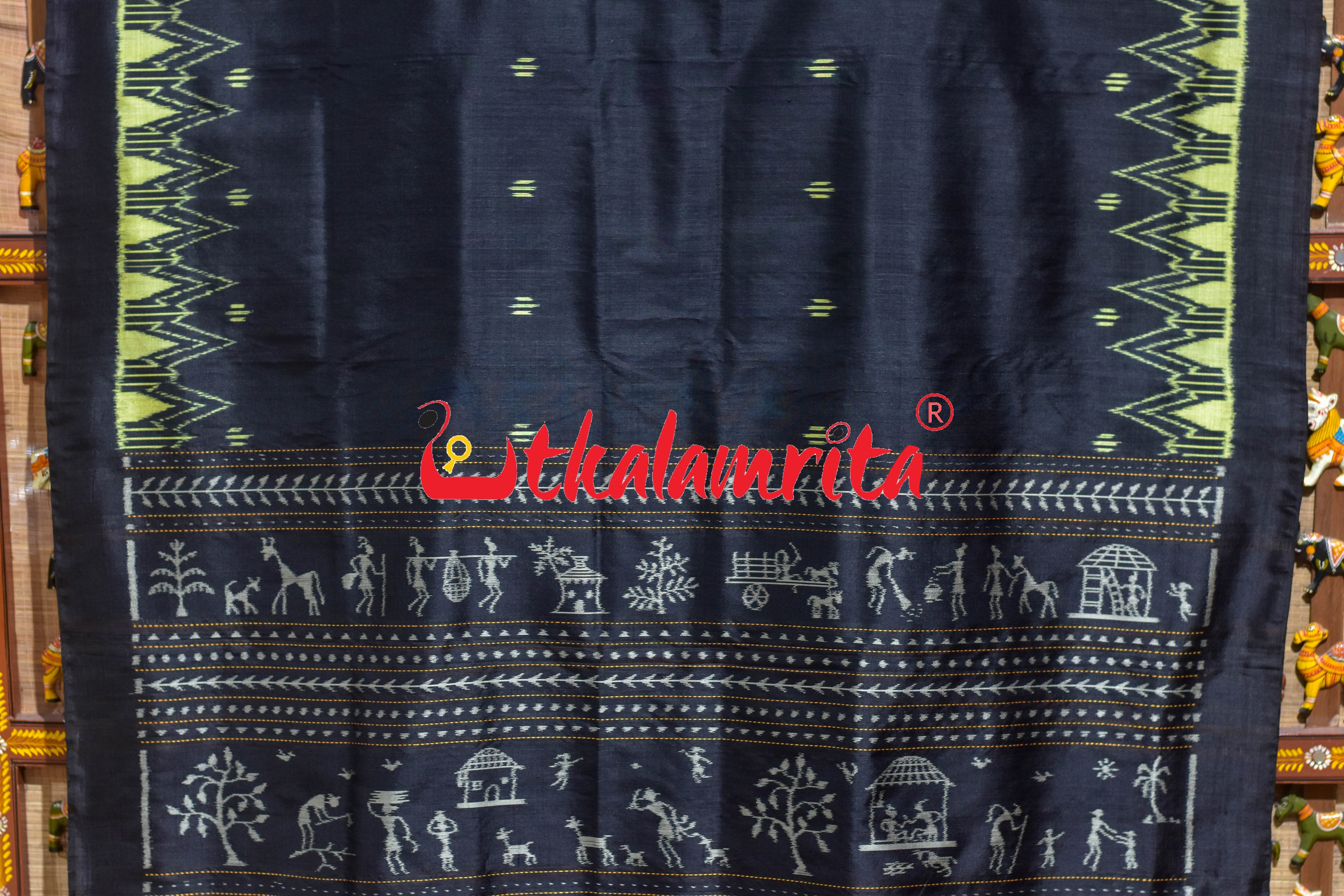 Black Lemon Temples Saura Anchal Khandua Silk Saree