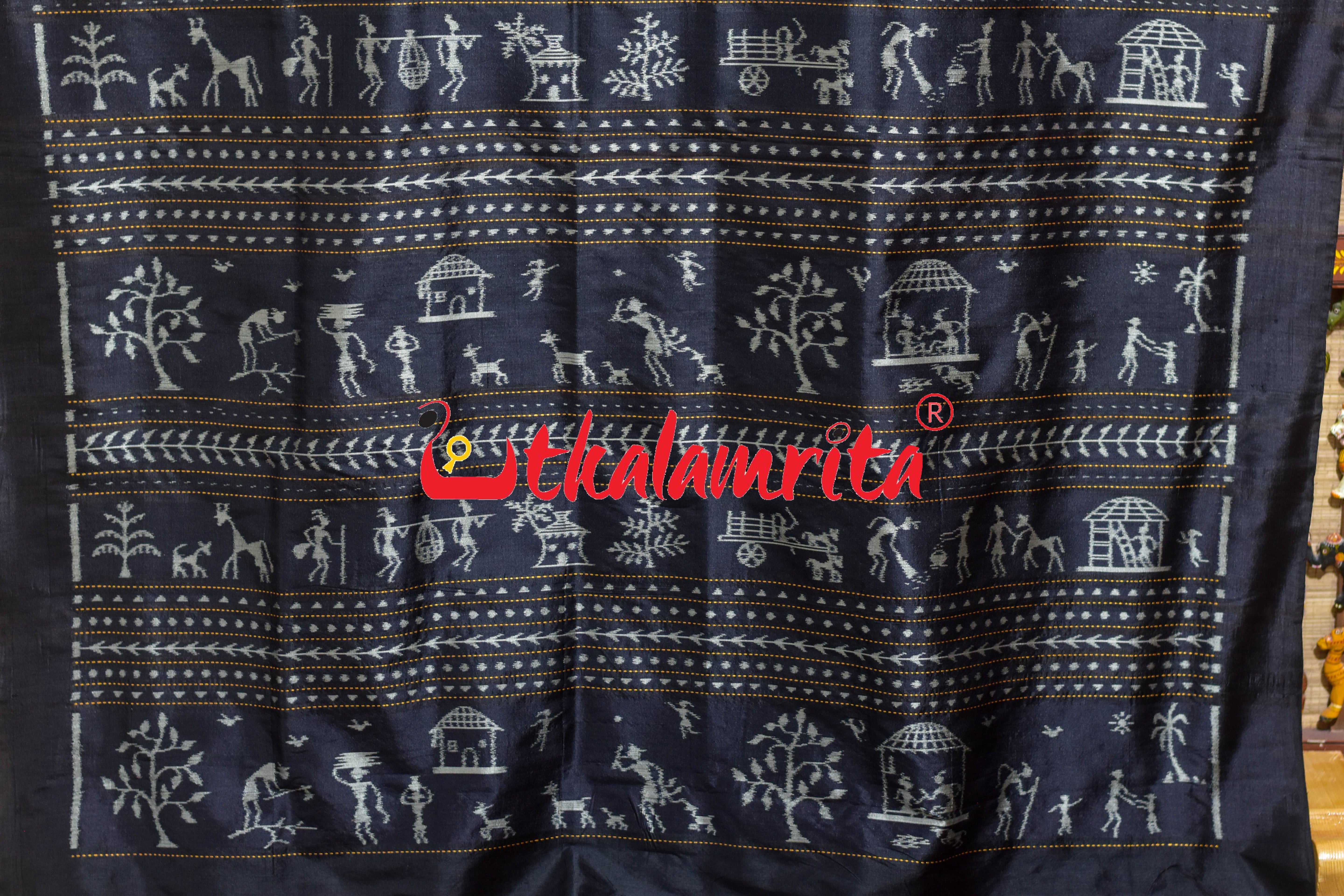 Black Lemon Temples Saura Anchal Khandua Silk Saree