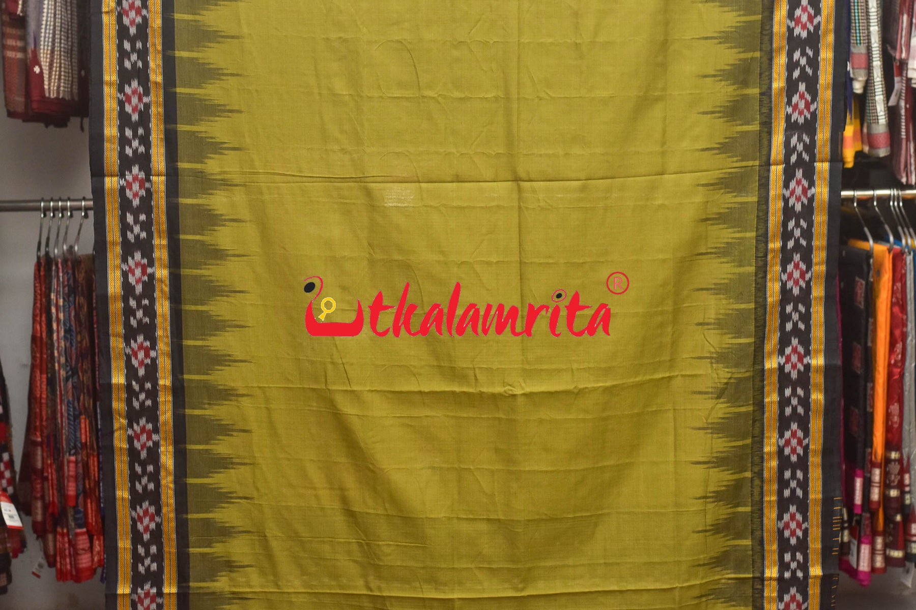 Light Olive Pasapali Border Khandua Cotton Saree