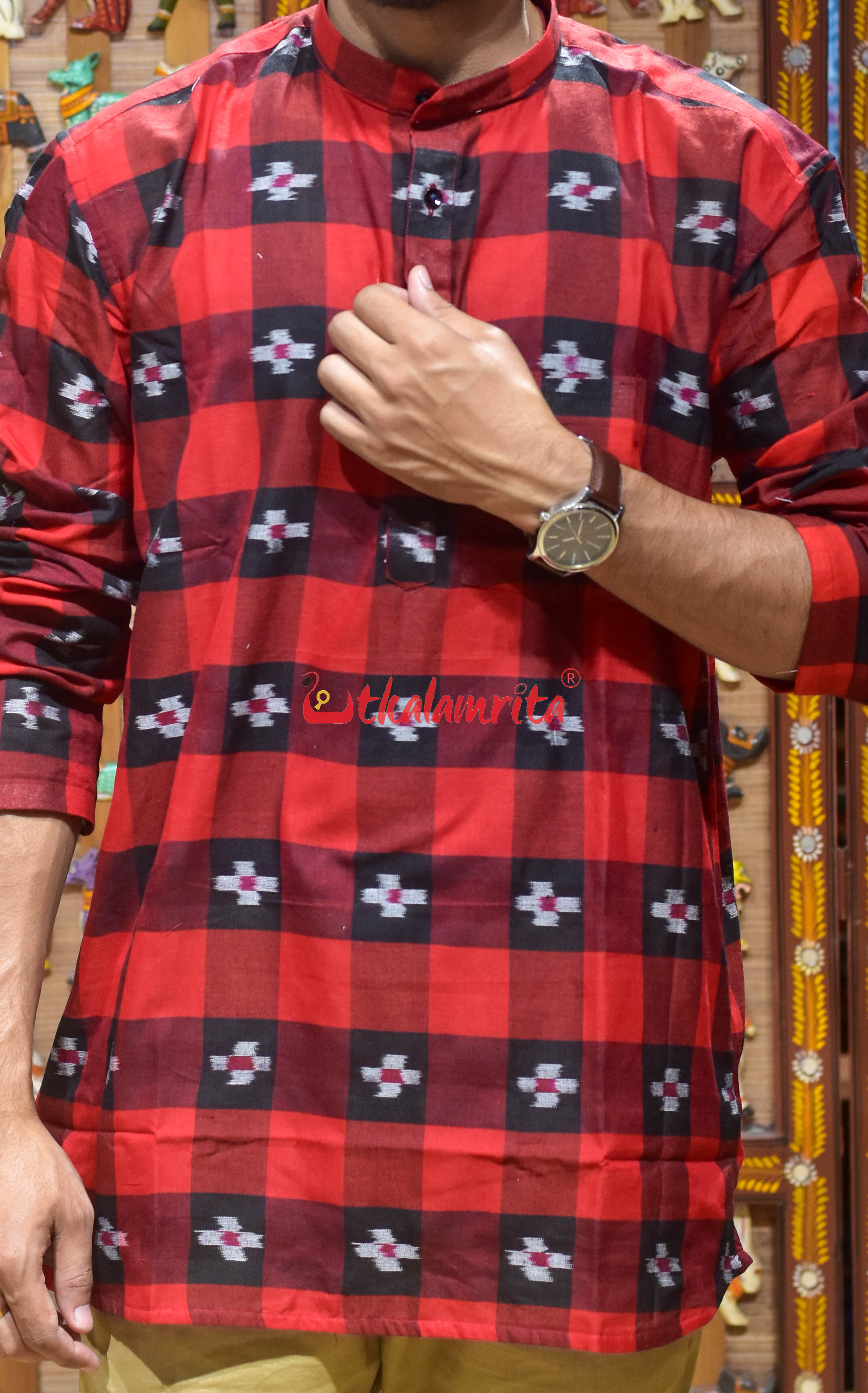 Black Red Checks Pasapali (Men's Short Kurta)