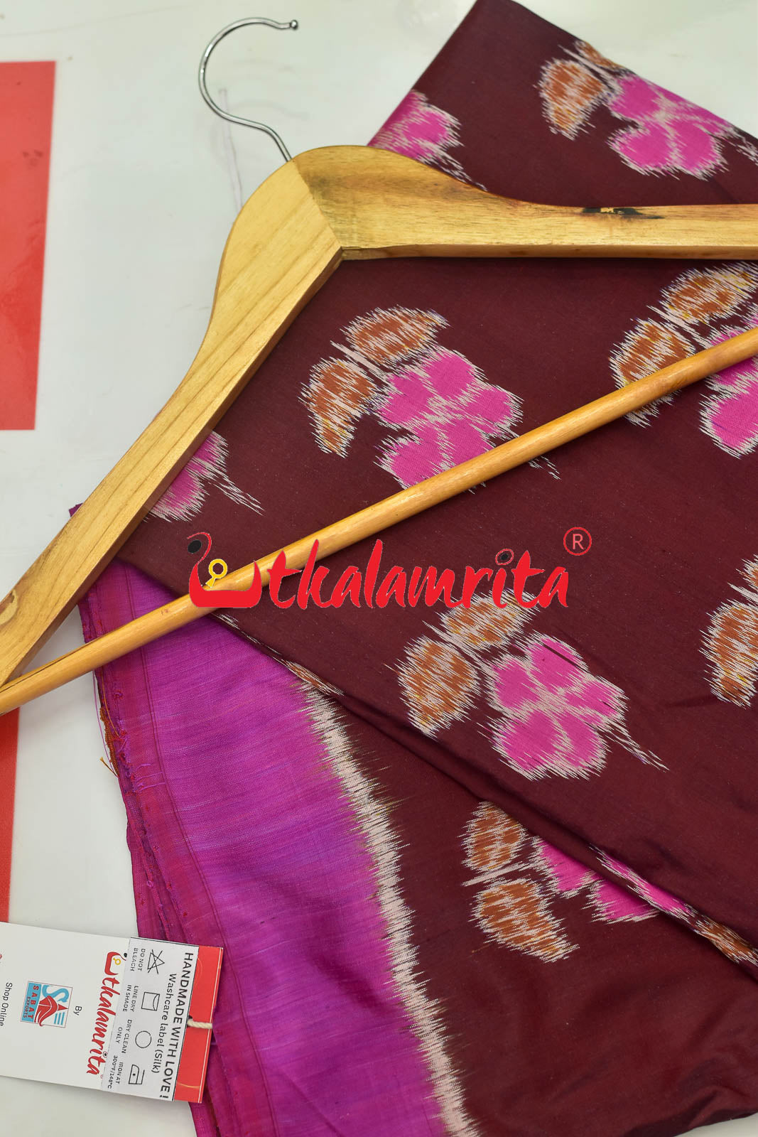 Maroon Pink Hibiscus Khandua Silk Saree