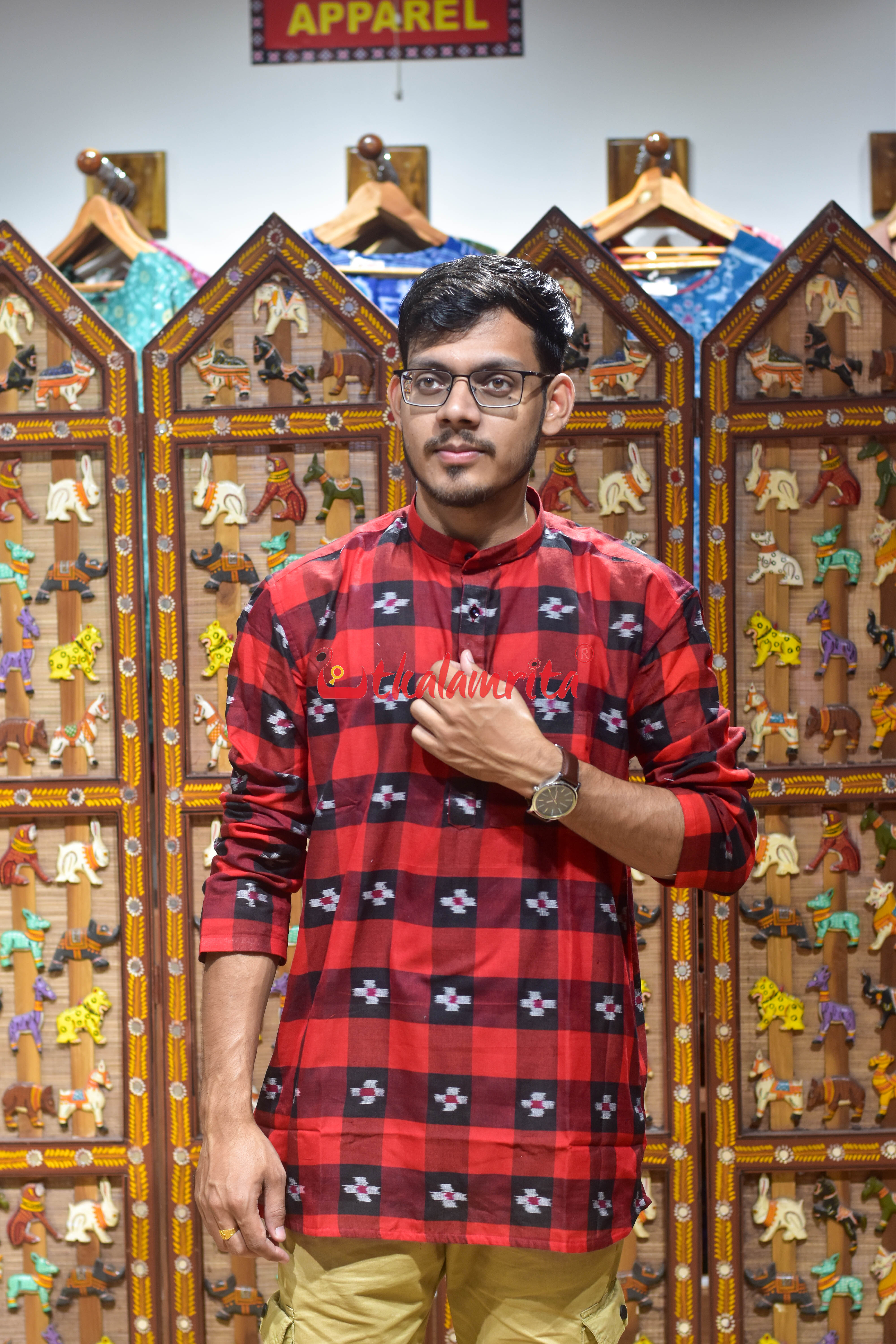 Black Red Checks Pasapali (Men's Short Kurta)