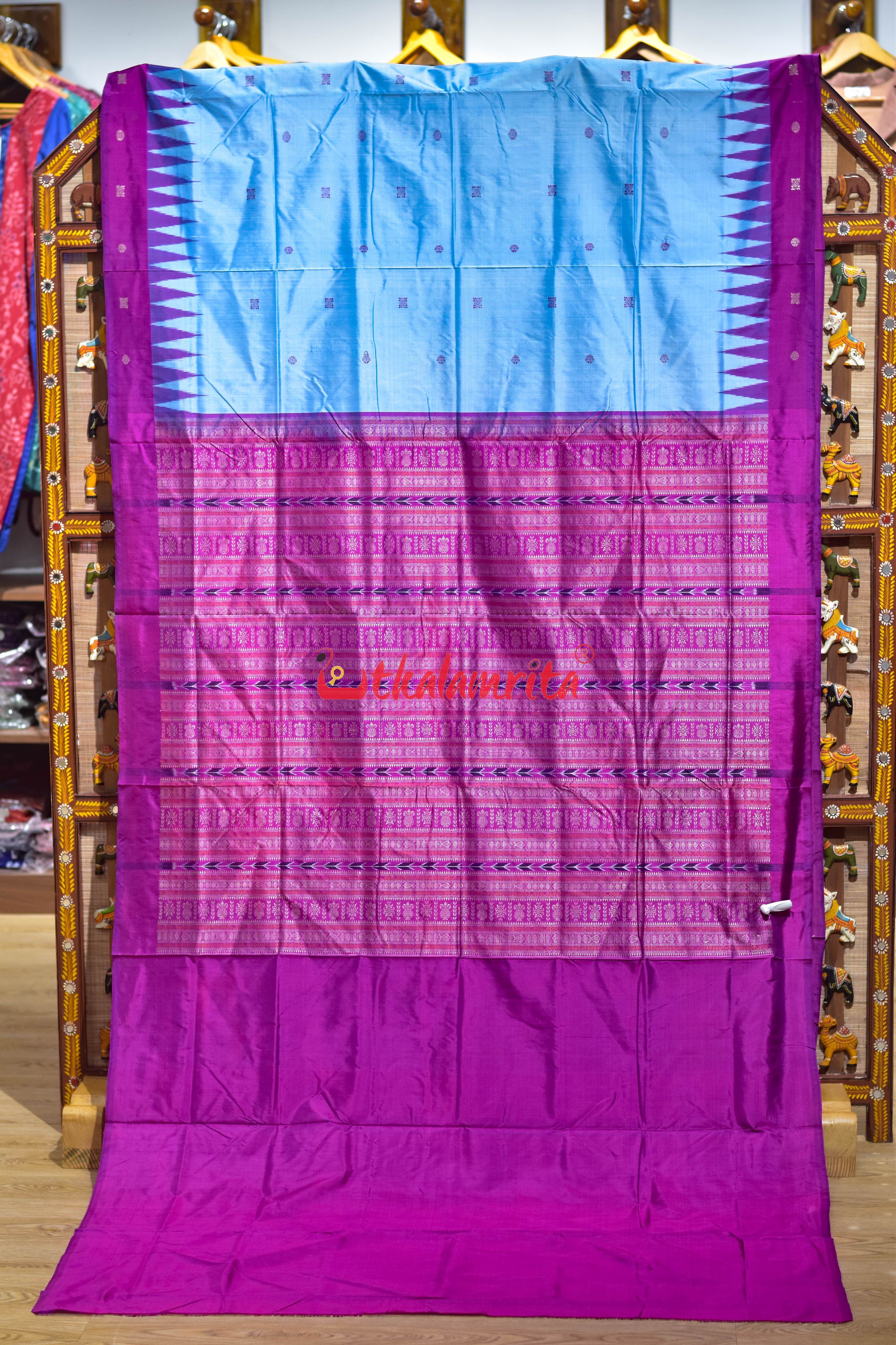 Sky Blue Flower Border Bomkai Silk Saree