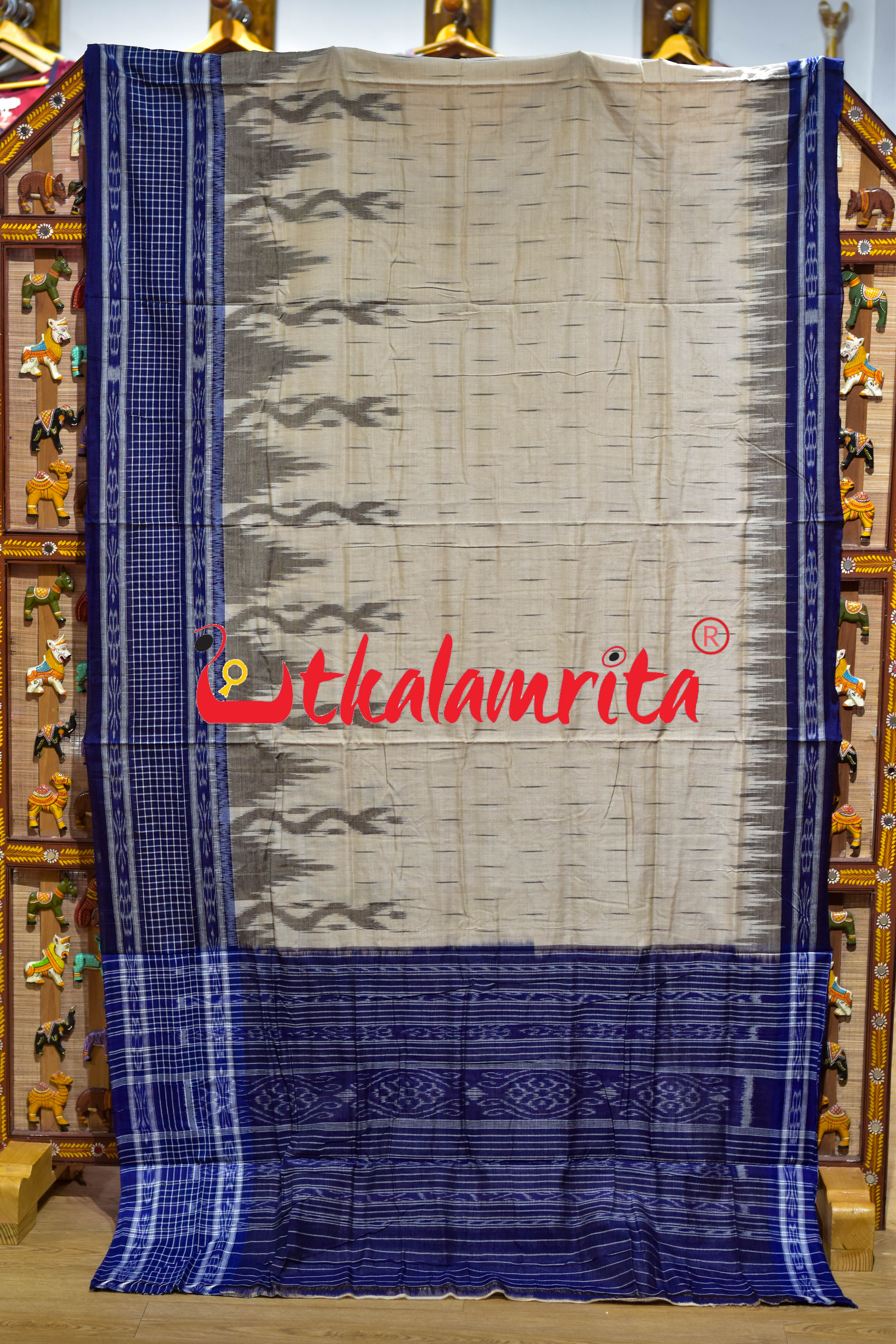 Off White Blue Check Daali Scot Khandua Cotton Saree