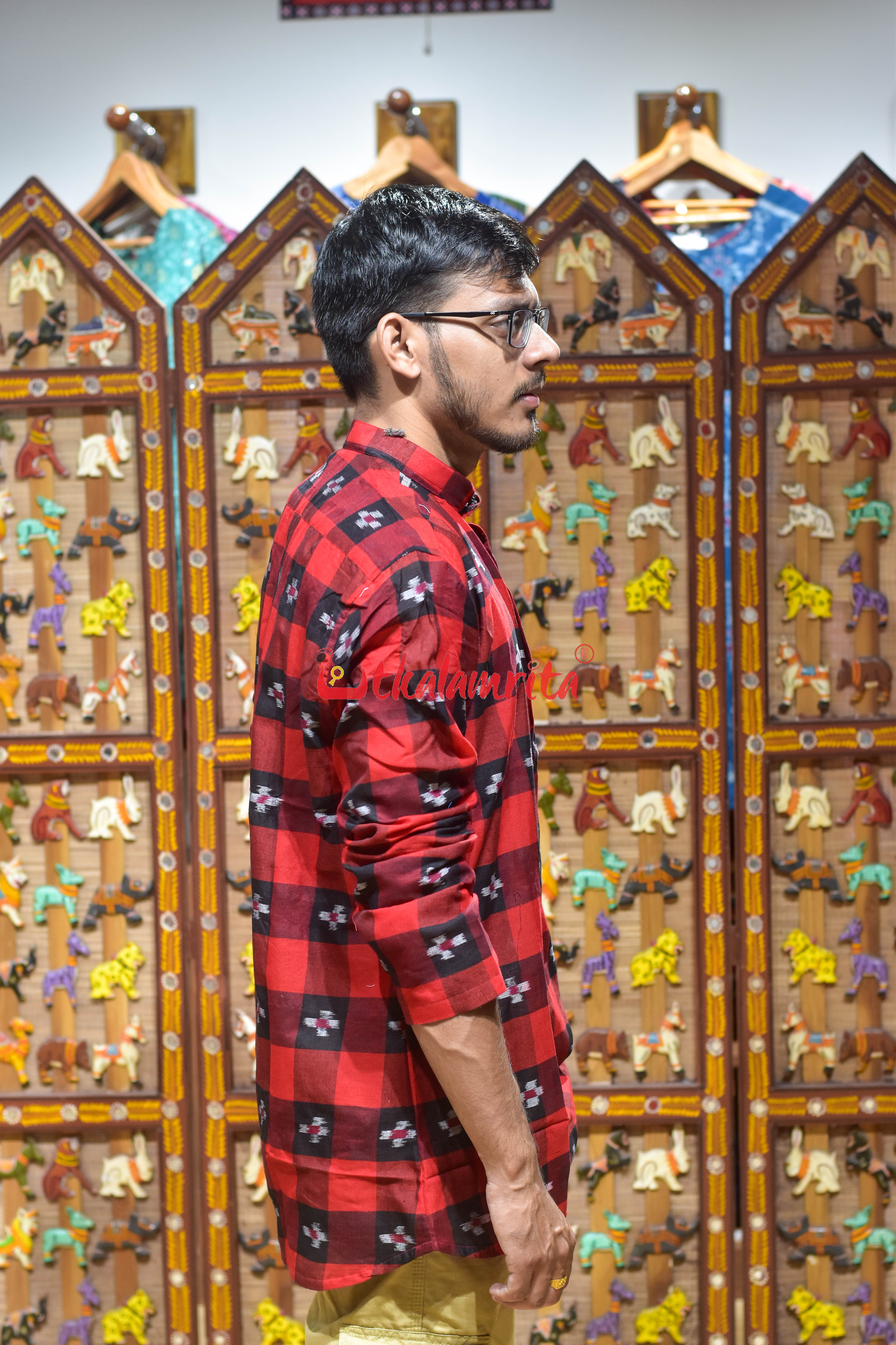 Black Red Checks Pasapali (Men's Short Kurta)