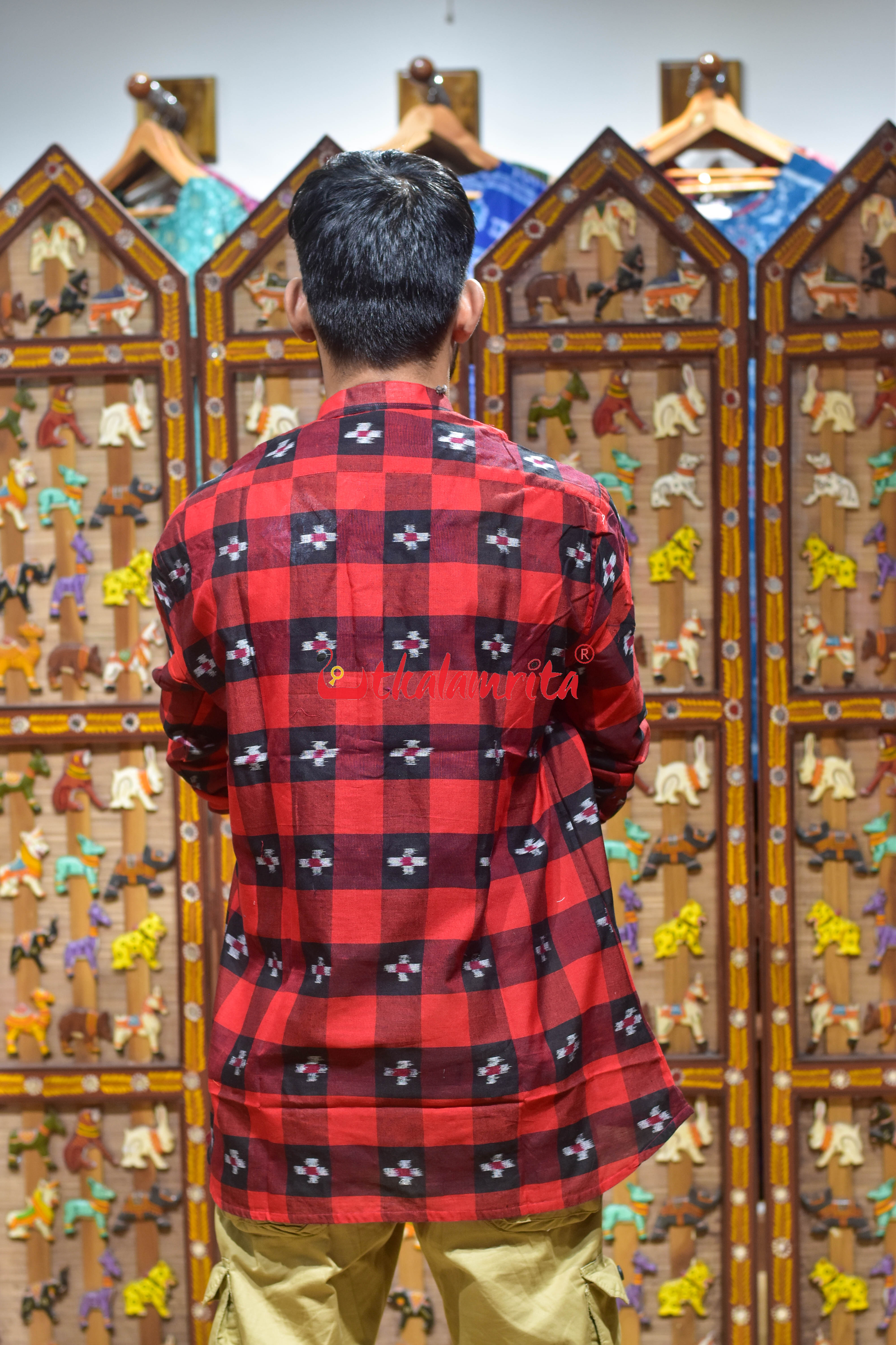 Black Red Checks Pasapali (Men's Short Kurta)