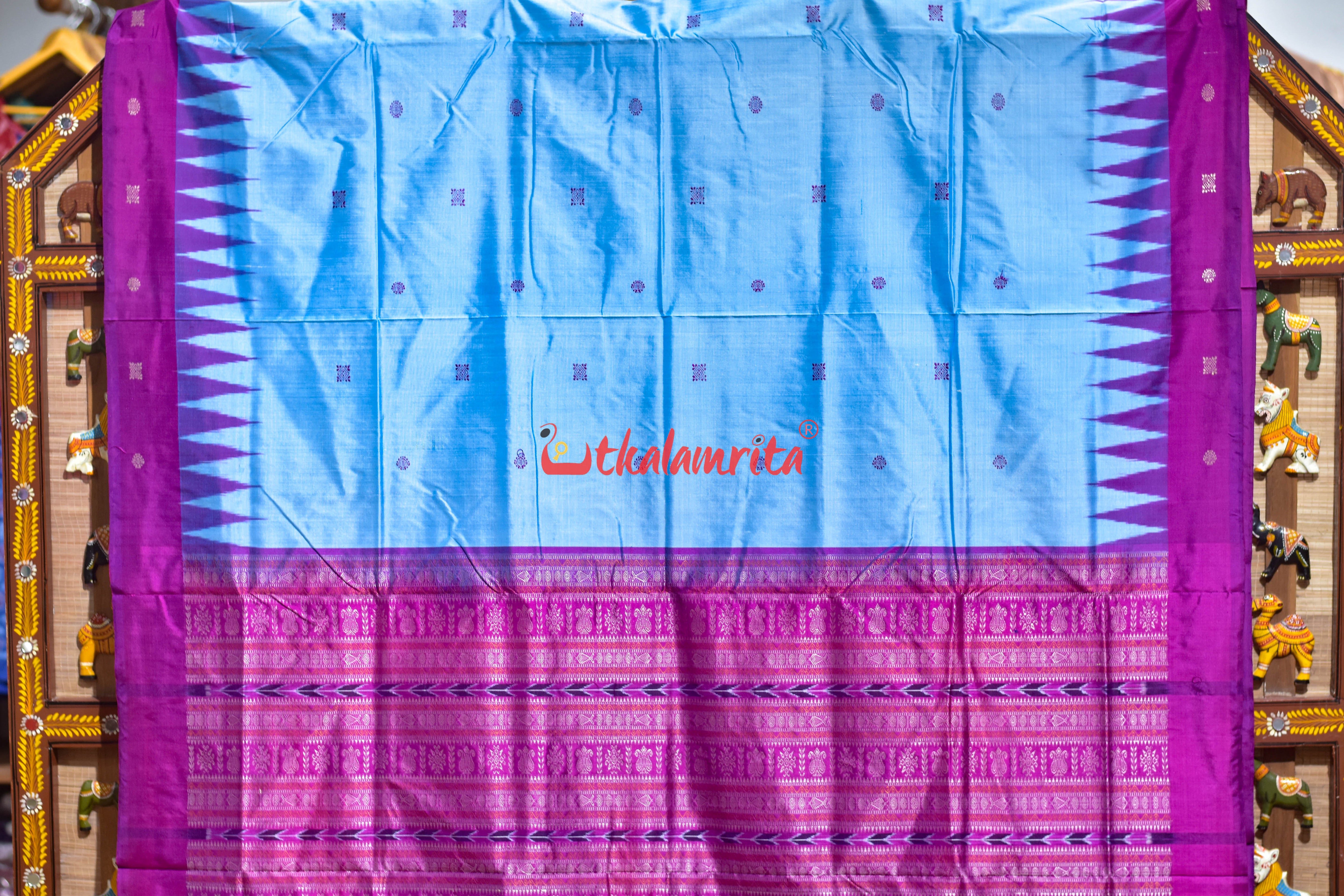 Sky Blue Flower Border Bomkai Silk Saree