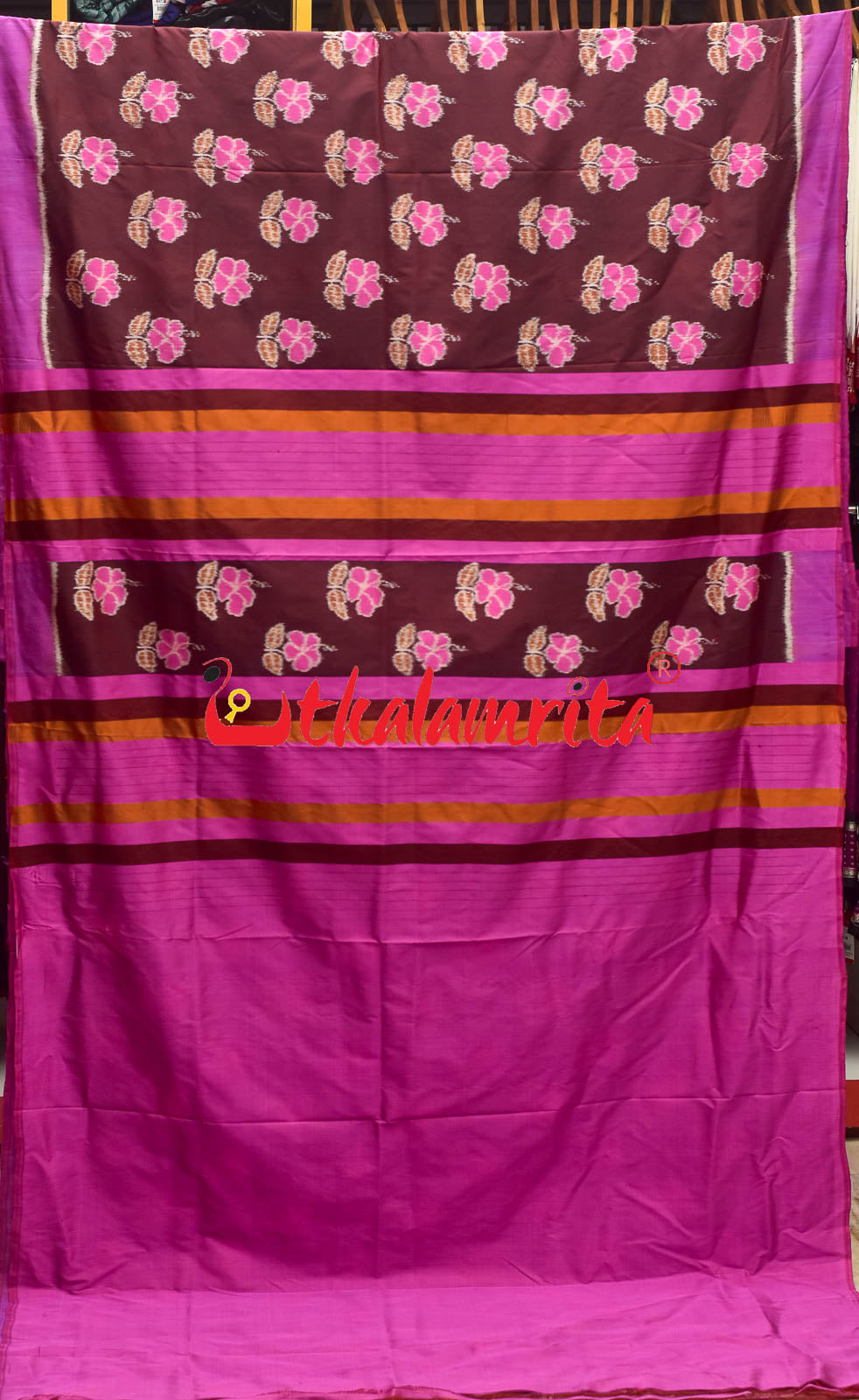 Maroon Pink Hibiscus Khandua Silk Saree