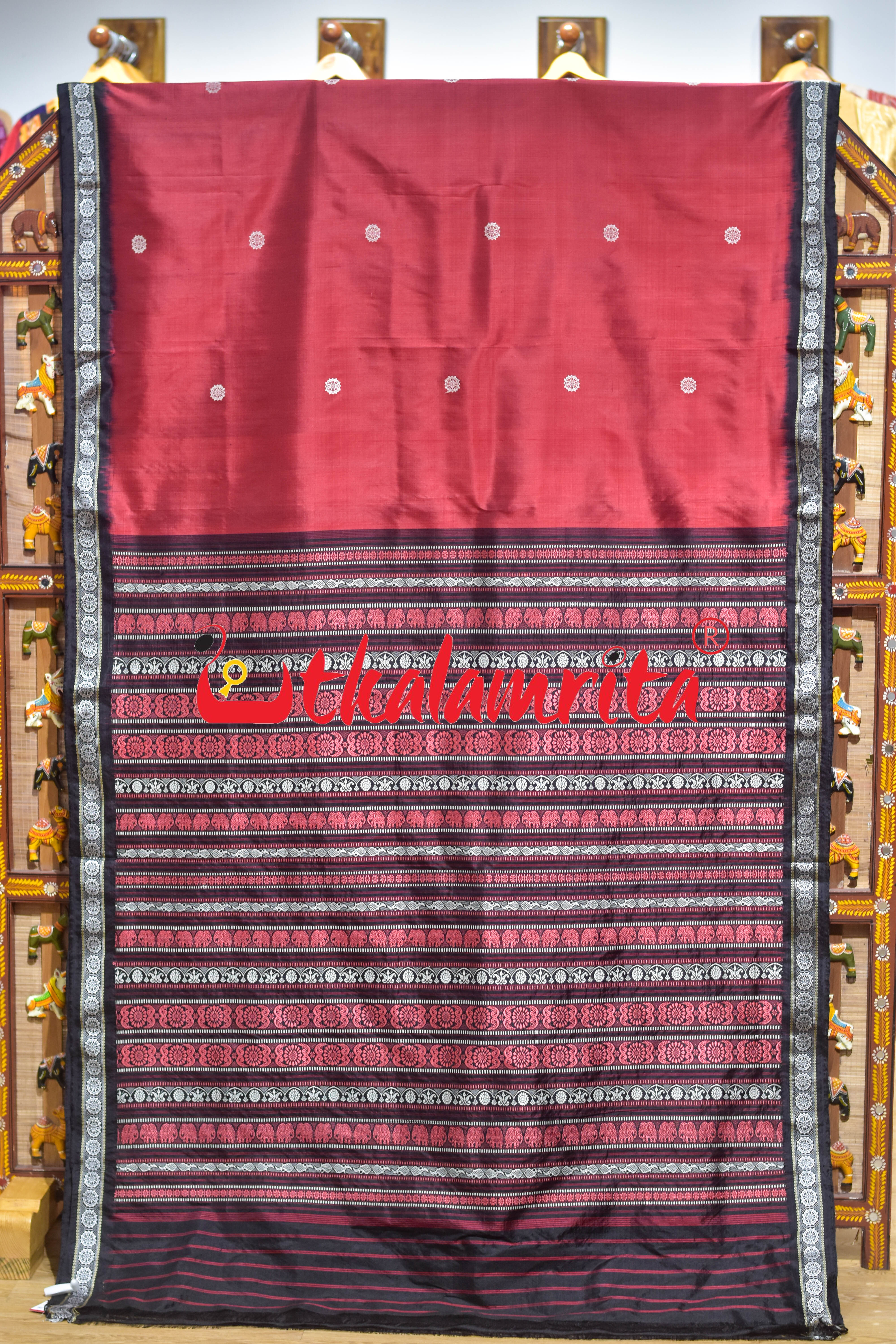 Maroon Black Konark Wheels Jala Khandua Silk Saree