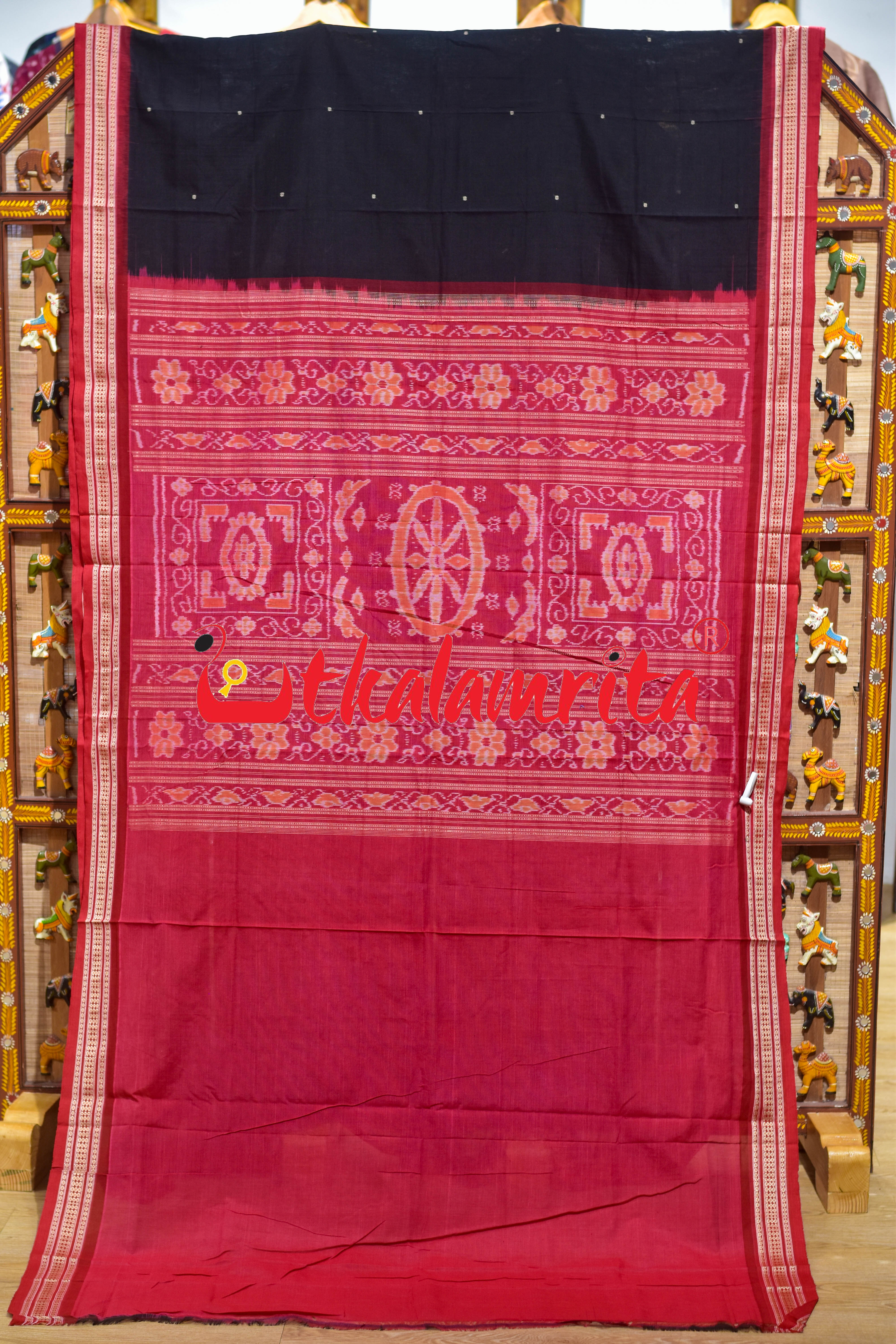 Black Red Buti Bomkai Cotton Saree