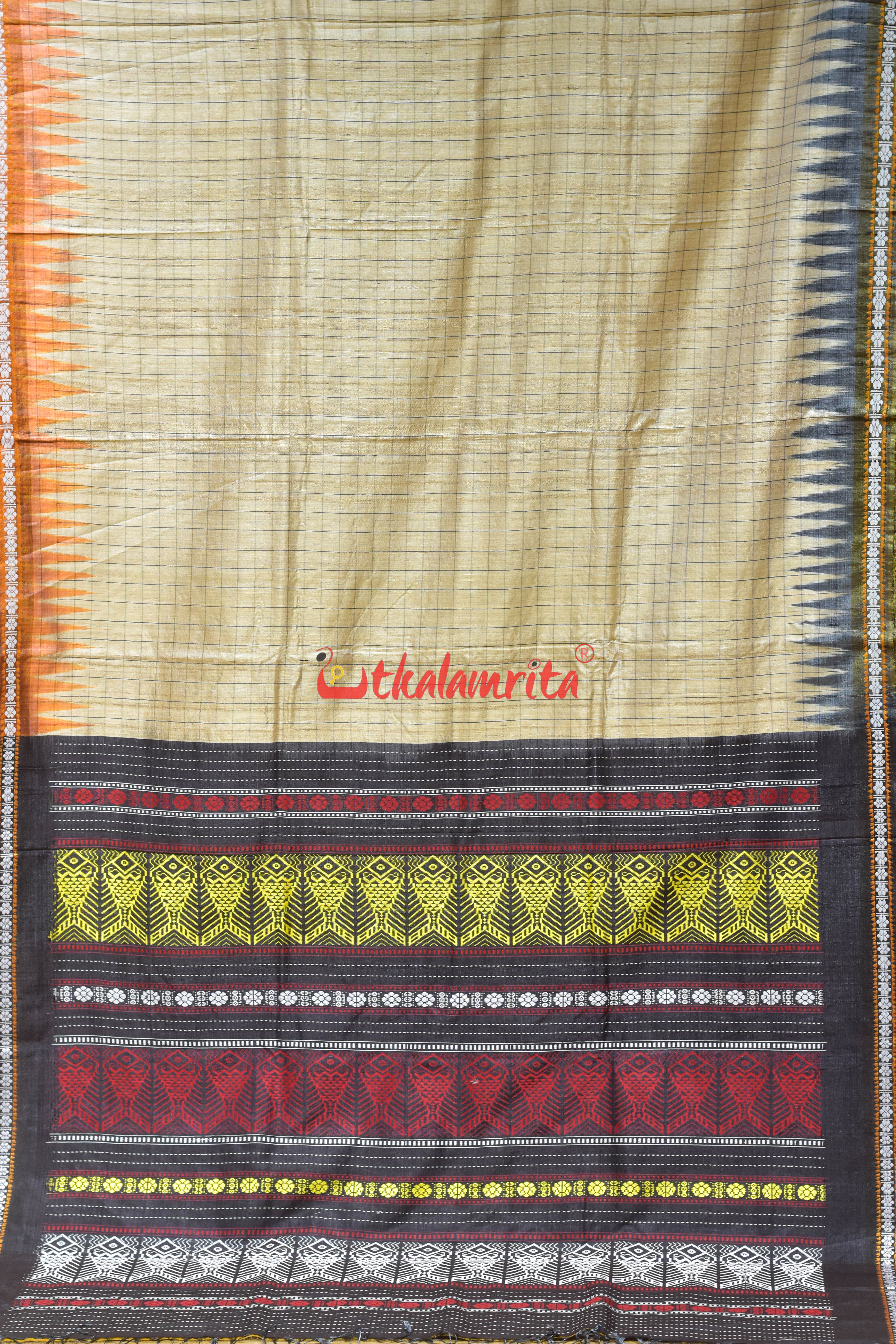 Natural Body with Yellow Fish Jaala Pink Fish Tussar Saree