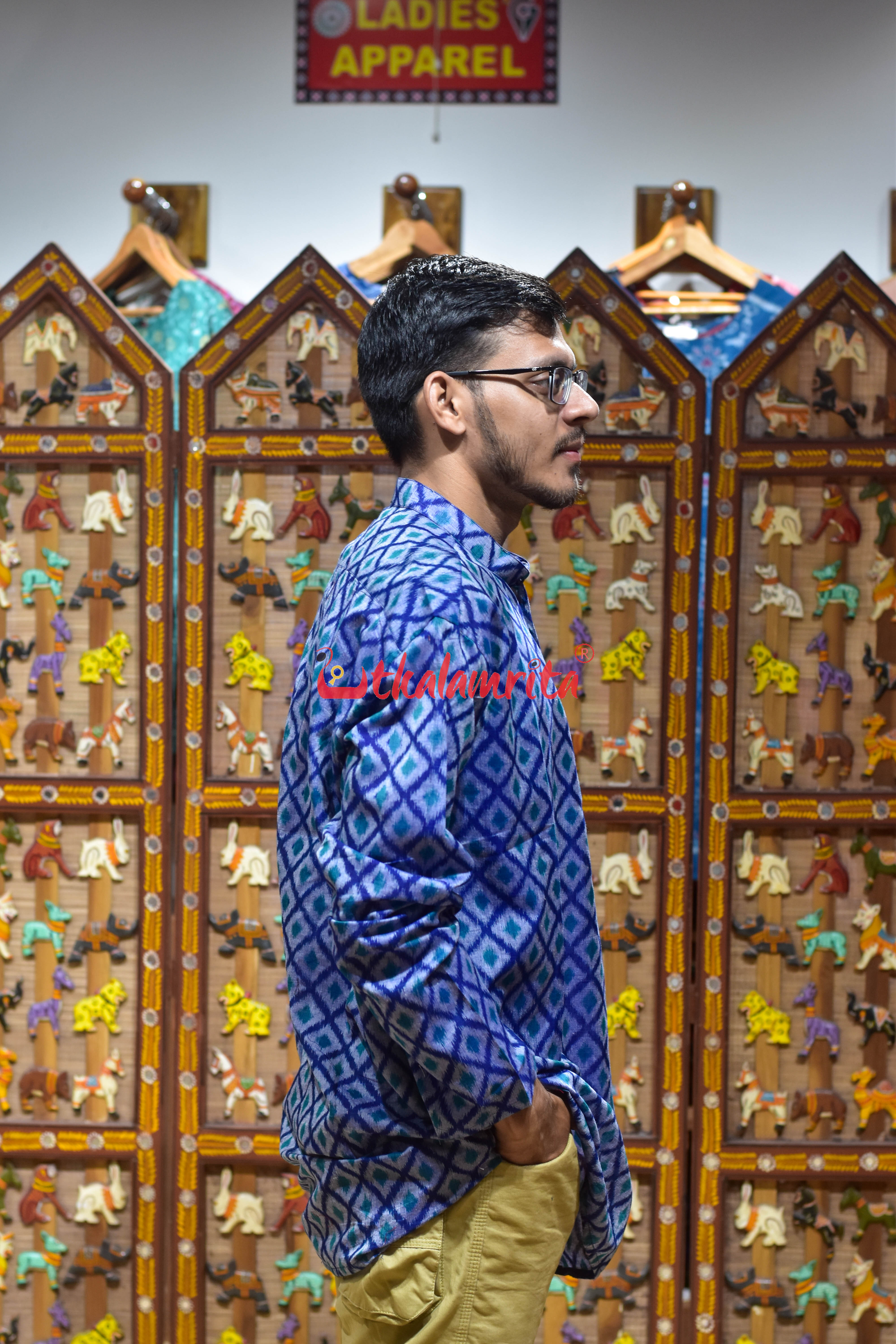 Grey Thikiri Over Blue (Men's Short Kurta)