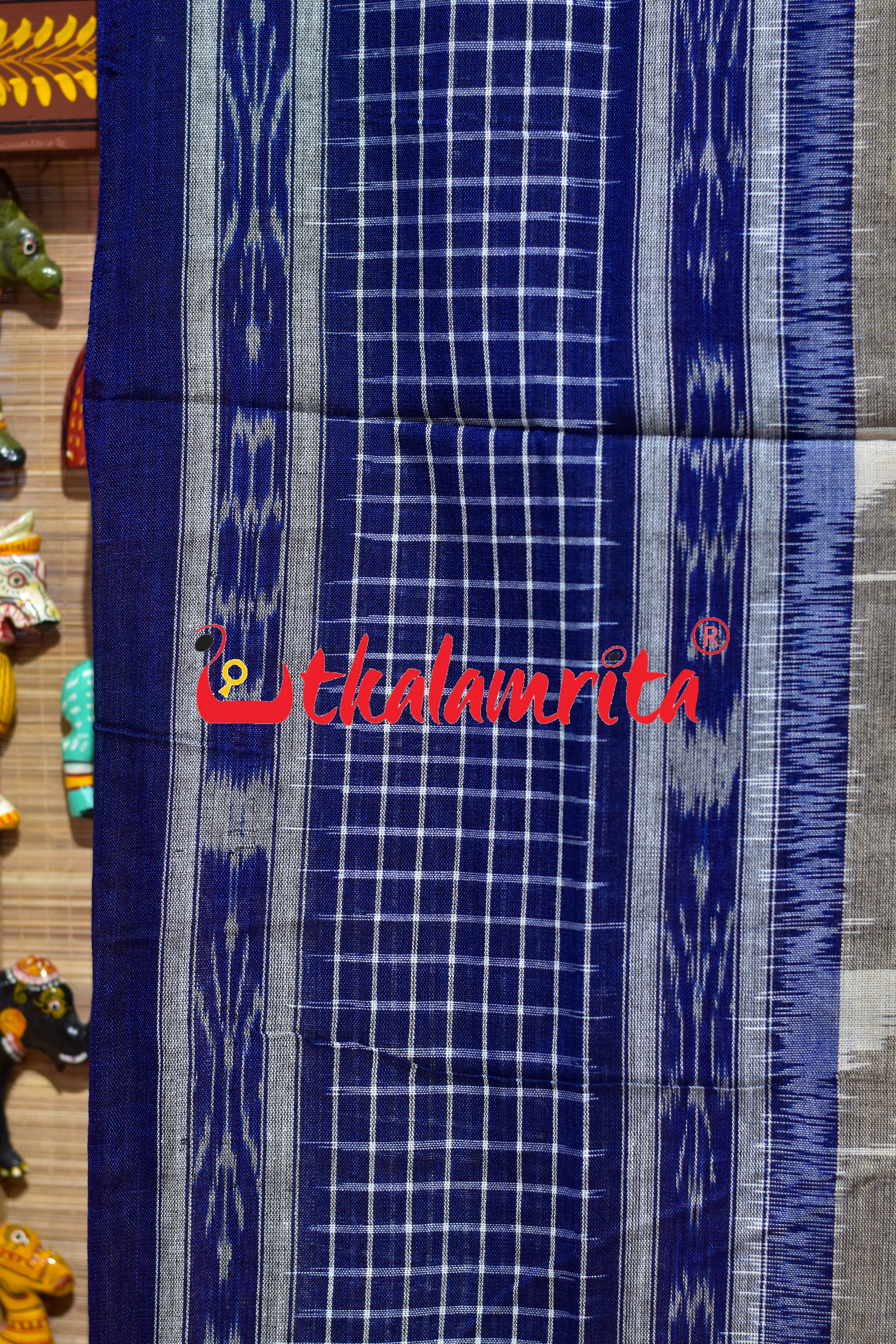 Off White Blue Check Daali Scot Khandua Cotton Saree