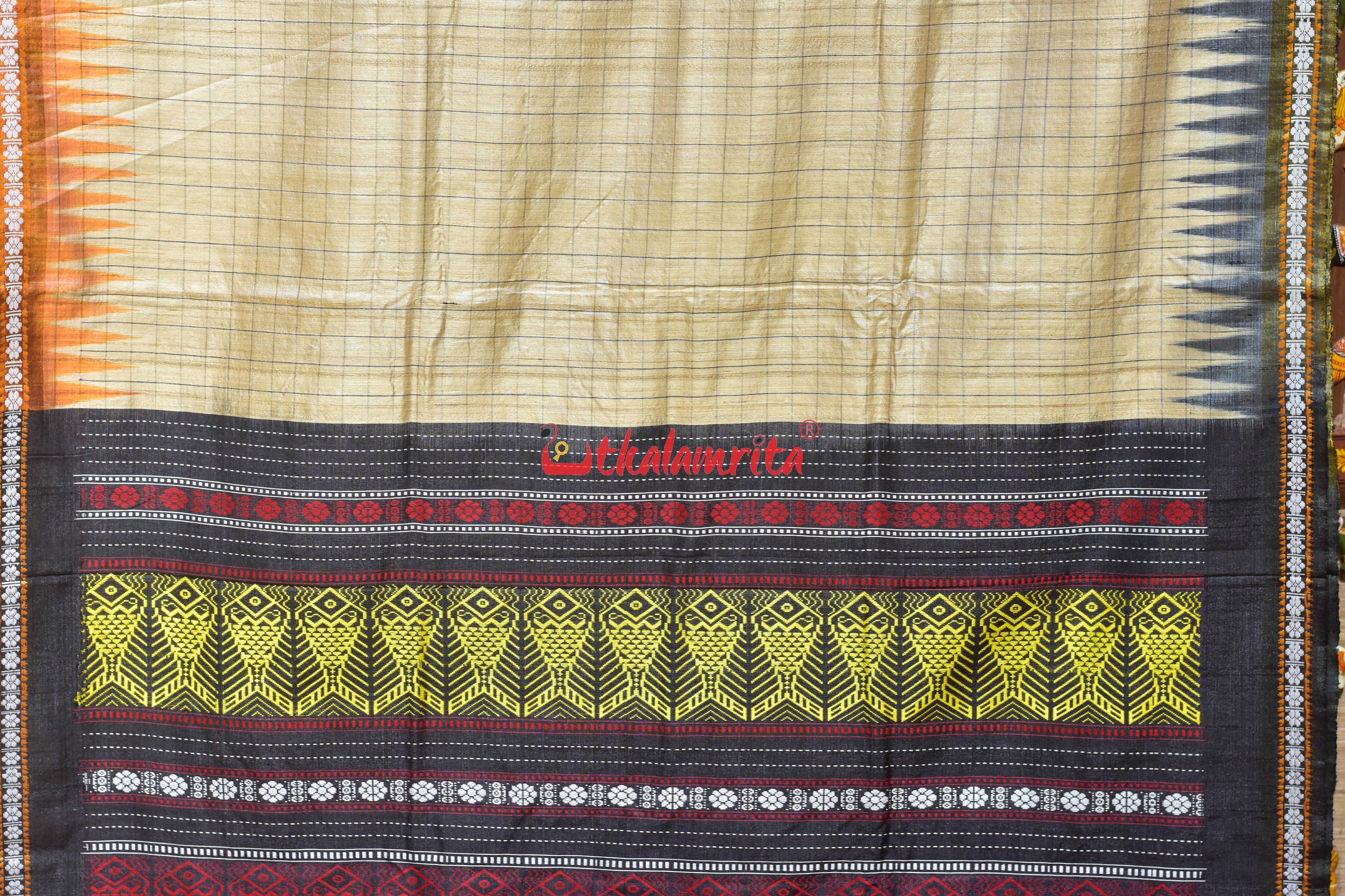Natural Body with Yellow Fish Jaala Pink Fish Tussar Saree