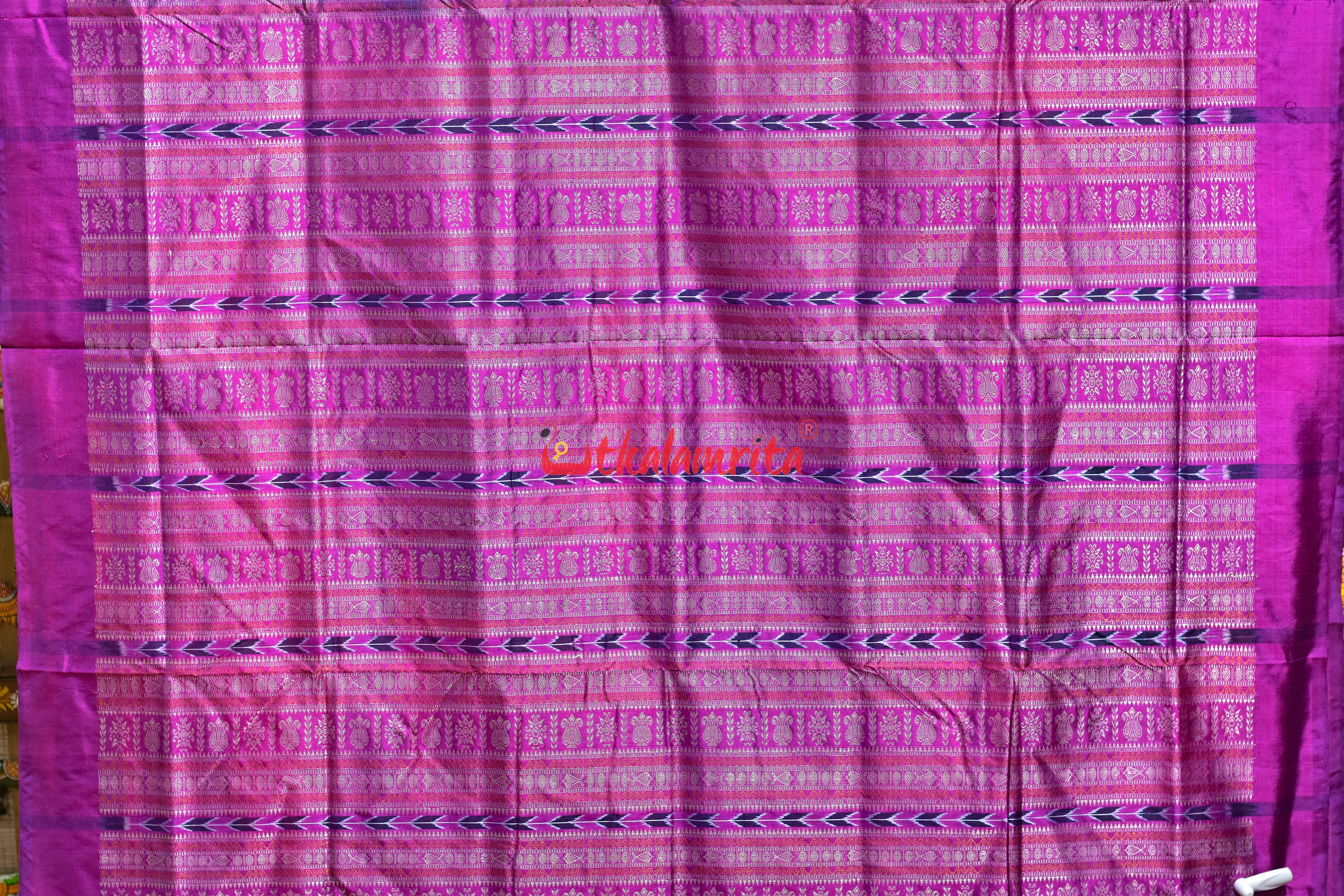 Sky Blue Flower Border Bomkai Silk Saree