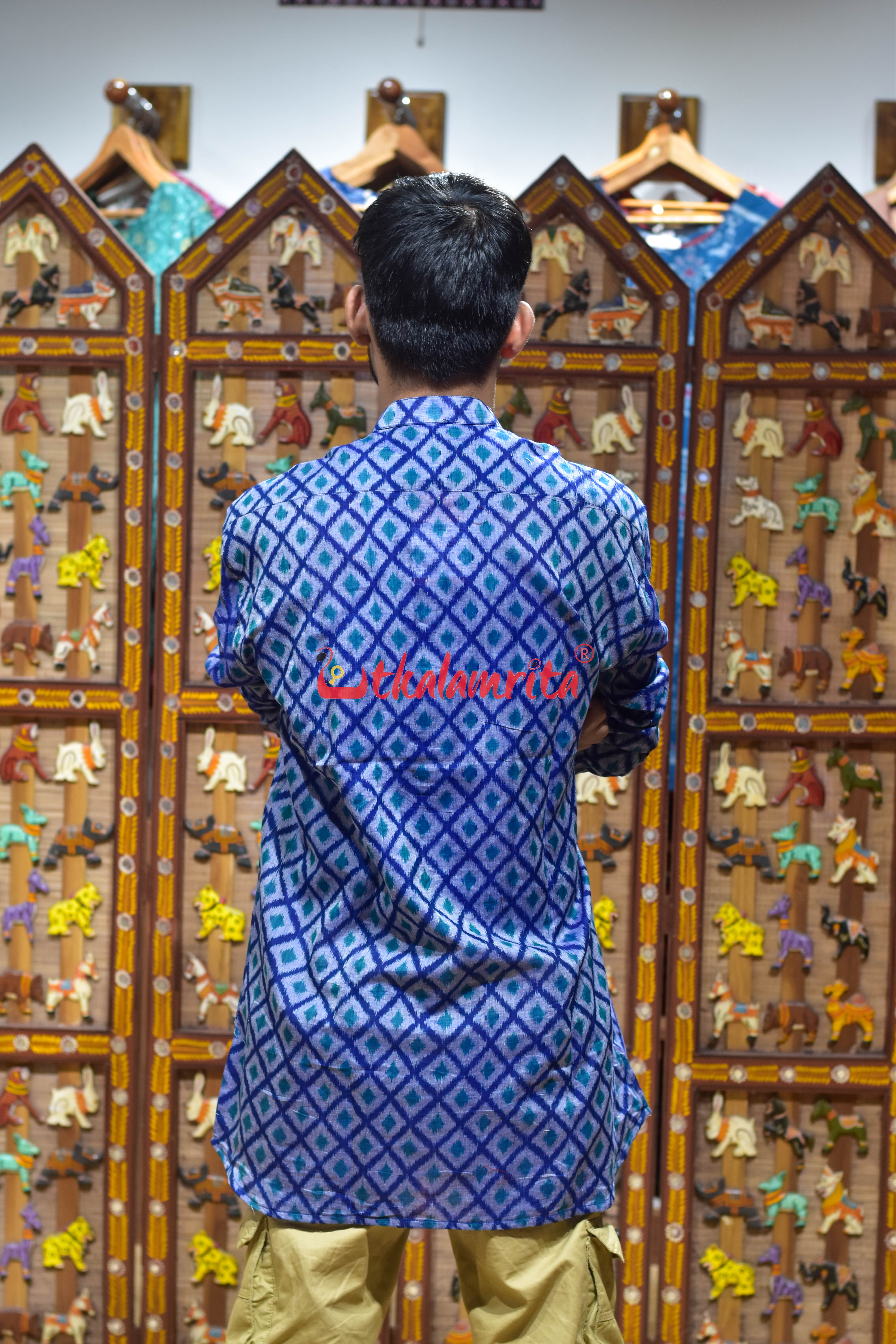 Grey Thikiri Over Blue (Men's Short Kurta)