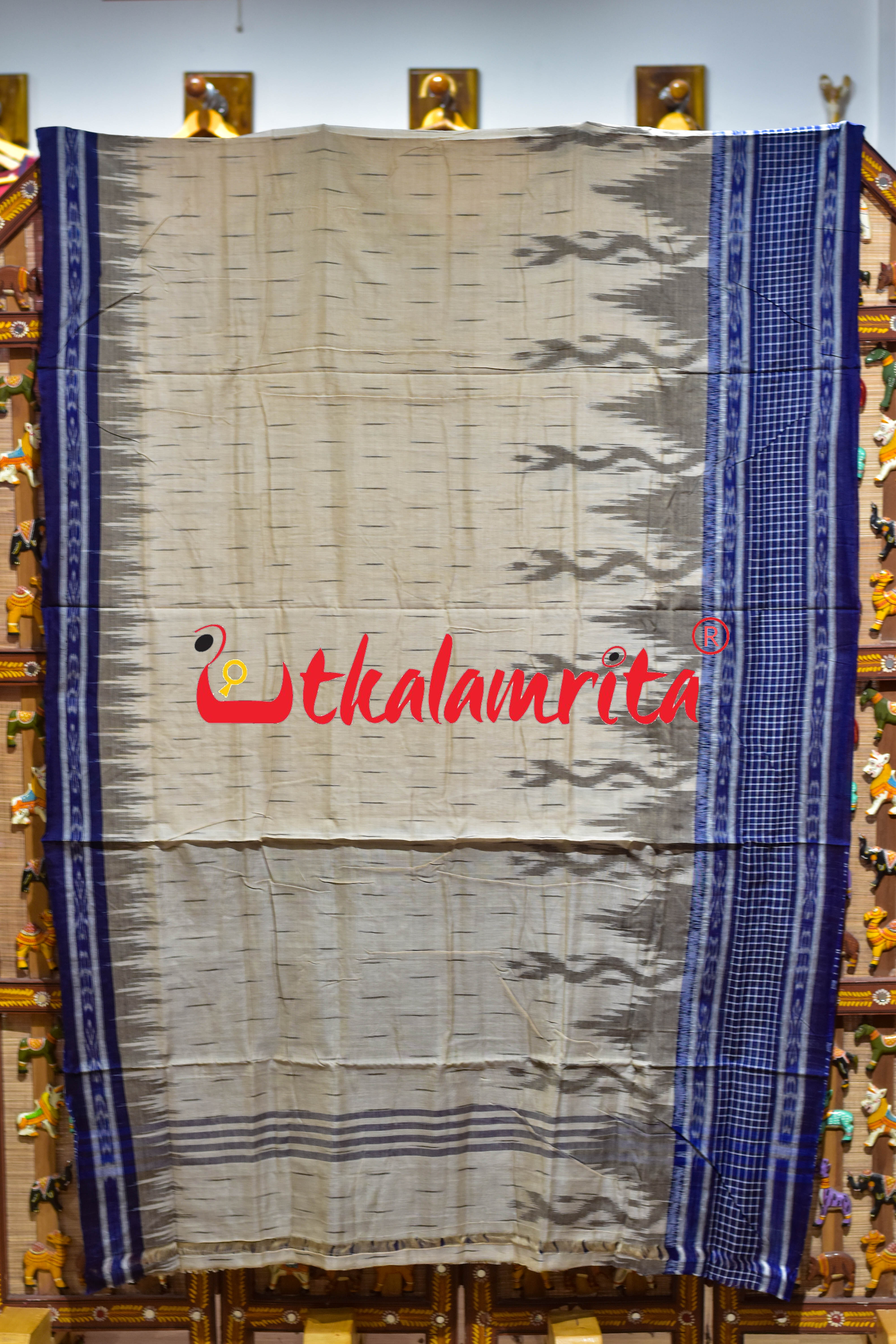 Off White Blue Check Daali Scot Khandua Cotton Saree