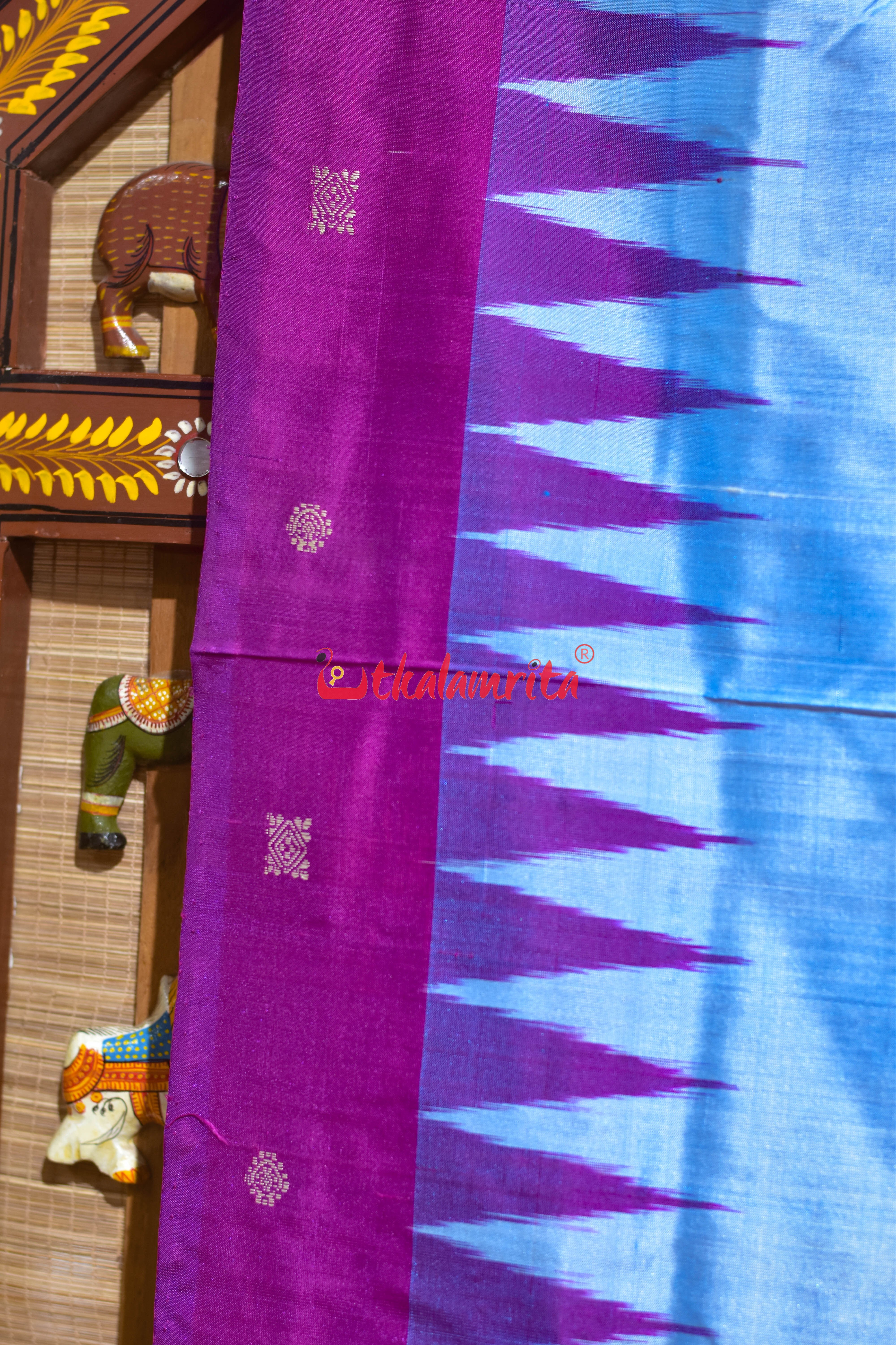 Sky Blue Flower Border Bomkai Silk Saree