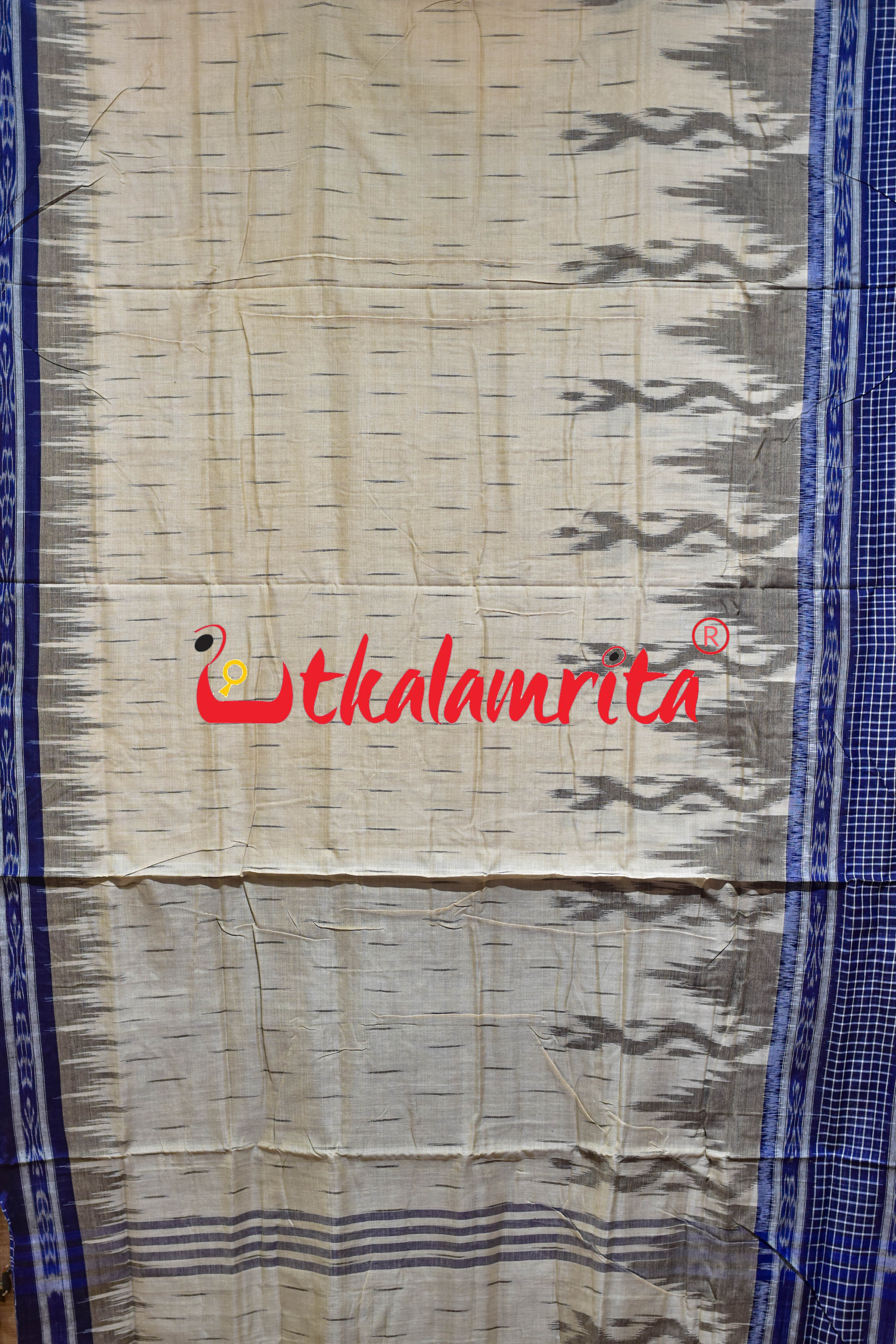 Off White Blue Check Daali Scot Khandua Cotton Saree