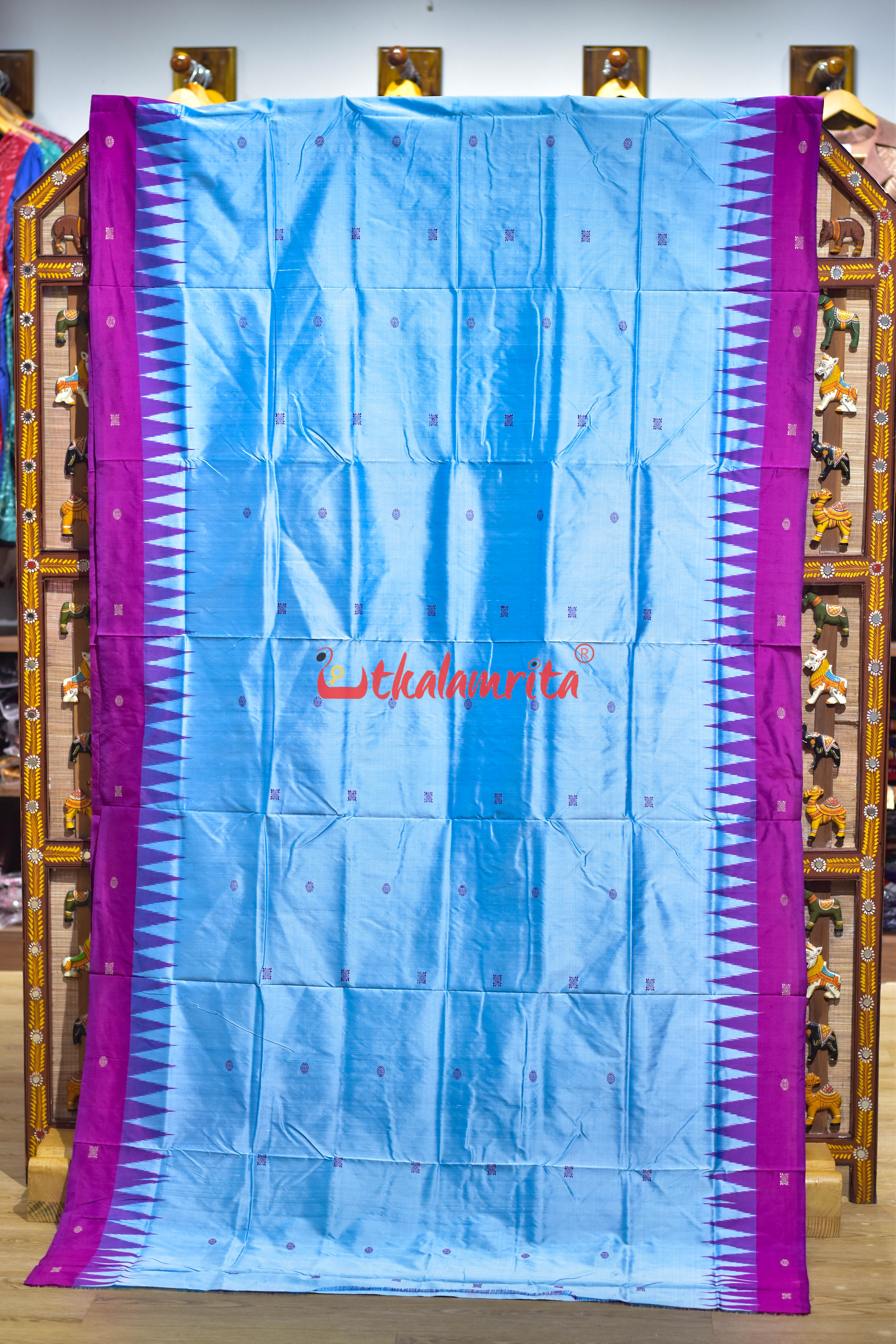 Sky Blue Flower Border Bomkai Silk Saree